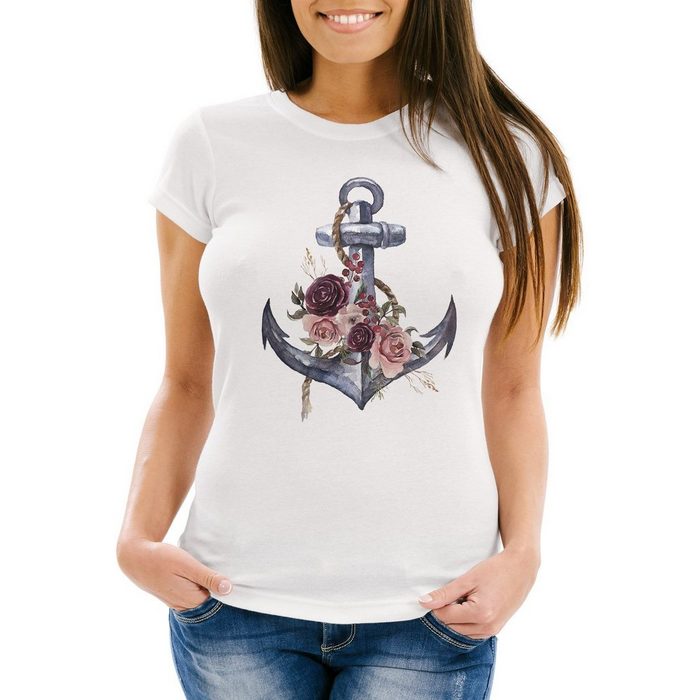Neverless Print-Shirt Damen T-Shirt Anker Blumen Wasserfarben Anchor Flowers Watercolor Slim Fit Neverless® mit Print