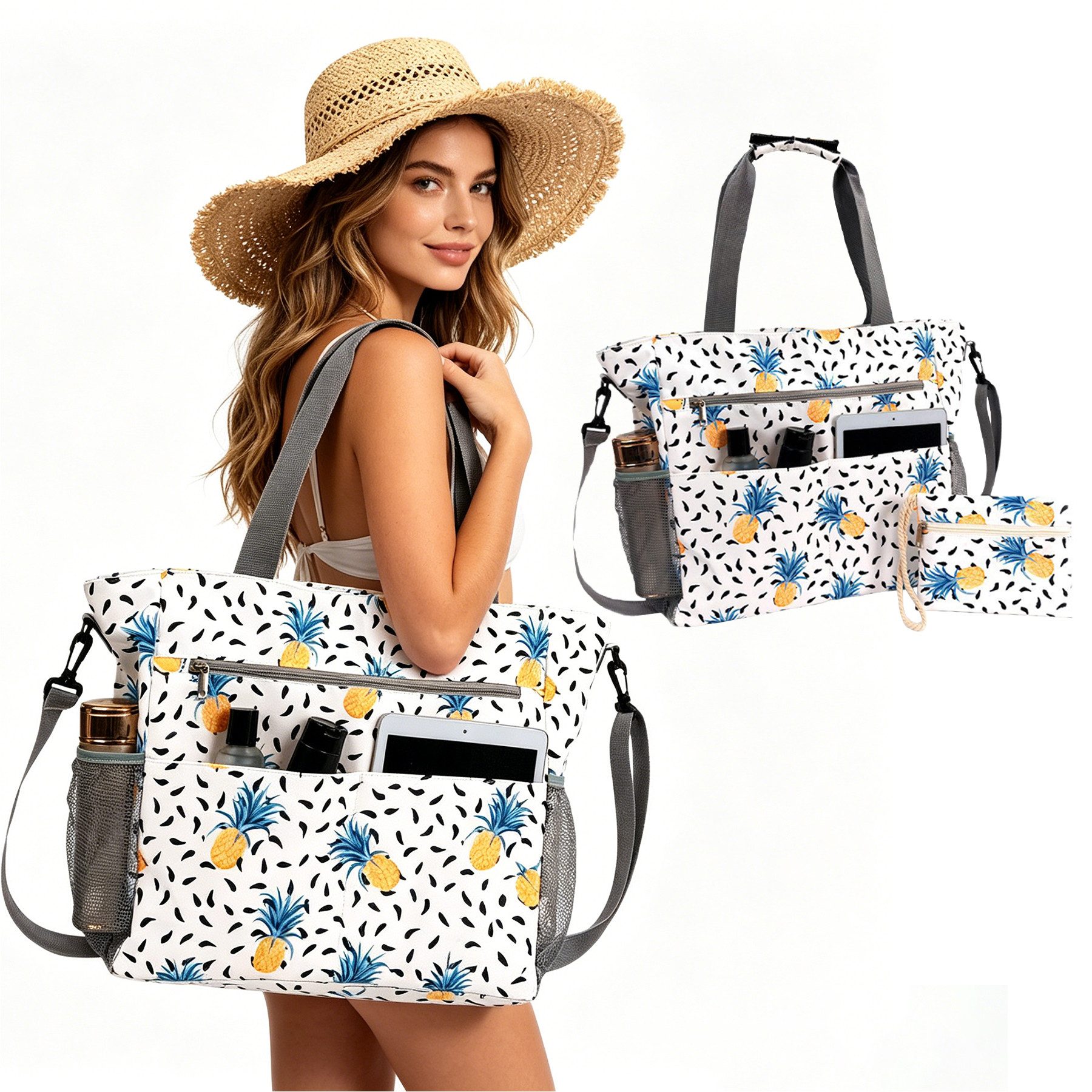 Mutig Strandtasche Große Strandtasche Damen mit Reißverschluss, Familie mit Kühlfach (Große Wasserdichte Strandtasche Damen, Shopper Tasche Handtasche Damen, XXL Familie, Shopper Damen Groß Badetasche, Badetasche Faltbar), mit Nassfach,für Strand Pool Picknick Reisen, Schwimmen,ins Schwimmbad