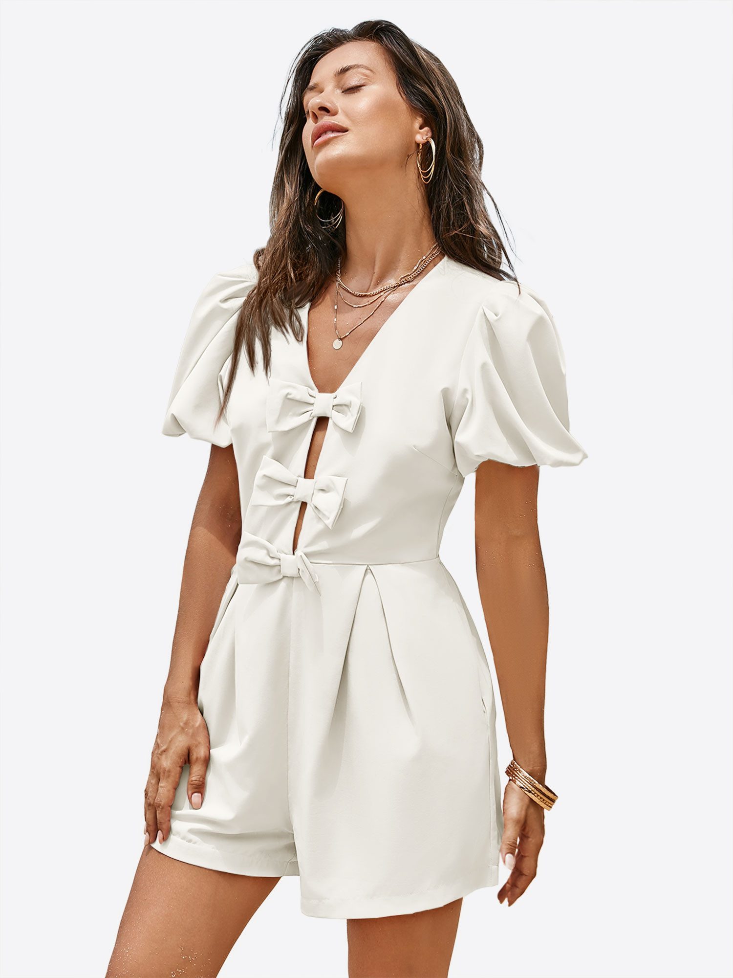 Imily Bela Strampler Damen Jumpsuits mit Schleife vorne und Puffärmeln (Packung, 1-tlg., 1per-Pack) einfarbig – Bild 5 von 5