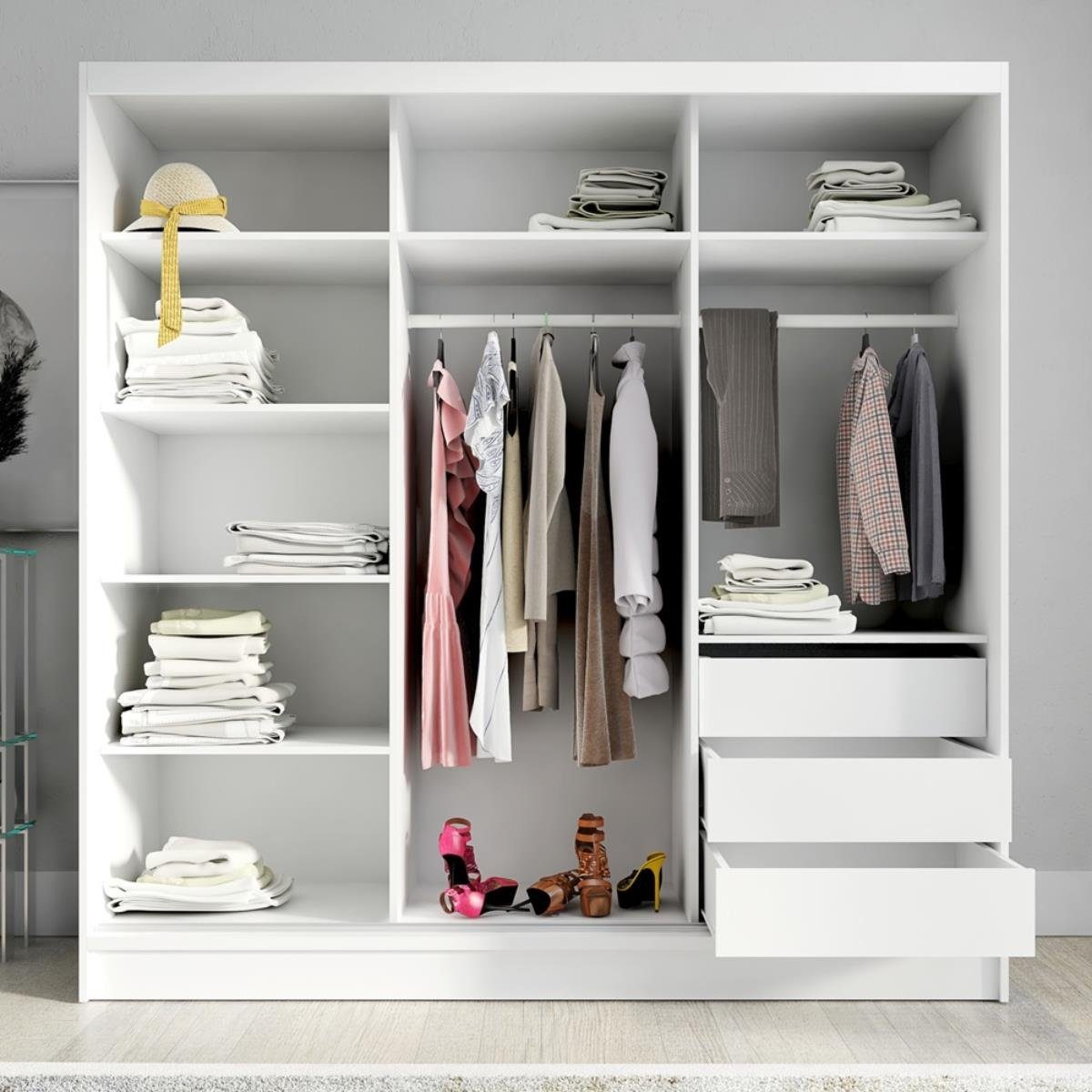 A&J MöbelLand GmbH Schiebetürenschrank LINA mit 3 Schubladen, 3D-Lamellen und Spiegel (TOP ANGEBOT! Geräumiger Schrank mit einer Breite von 200 cm und Spiegel, ideal zur Aufbewahrung von Kleidung und Accessoires. 3 Schubladen und viel Stauraum. TOP PRODUKT! Wählen Sie das ideale Modell für Ihr Schlafzimmer!, Inclusive 3 Schubladen) Breite: 200 cm, Höhe: 215 cm, Tiefe: 59,5 cm