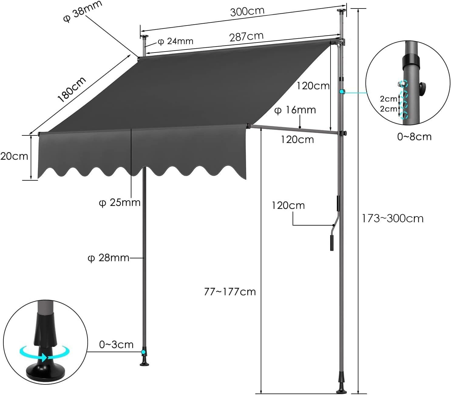 MVPower Klemmmarkise UV-beständig Höhenverstellbar mit Handkurbel ohne Bohren
