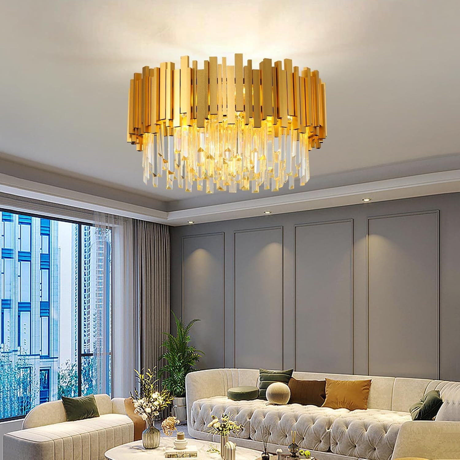 RRBEST Kronleuchter Kristall Leuchte, Kristall Deckenleuchte Silver, 9xE14 Lichter, für Esszimmer, Küche, Wohnzimmer, Schlafzimmer, Flur, Café, Bar