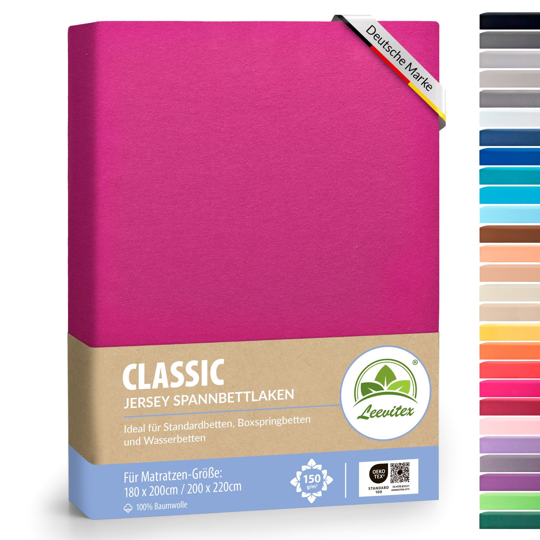 leevitex® Spannbettlaken 180x200 - 200x220 cm, 40 cm Steghöhe, Stoffdicke 150 g/m², Jersey, Gummizug: rundum, (1 Stück), verschiedene Farben, OEKO-TEX® STANDARD 100 zertifiziert