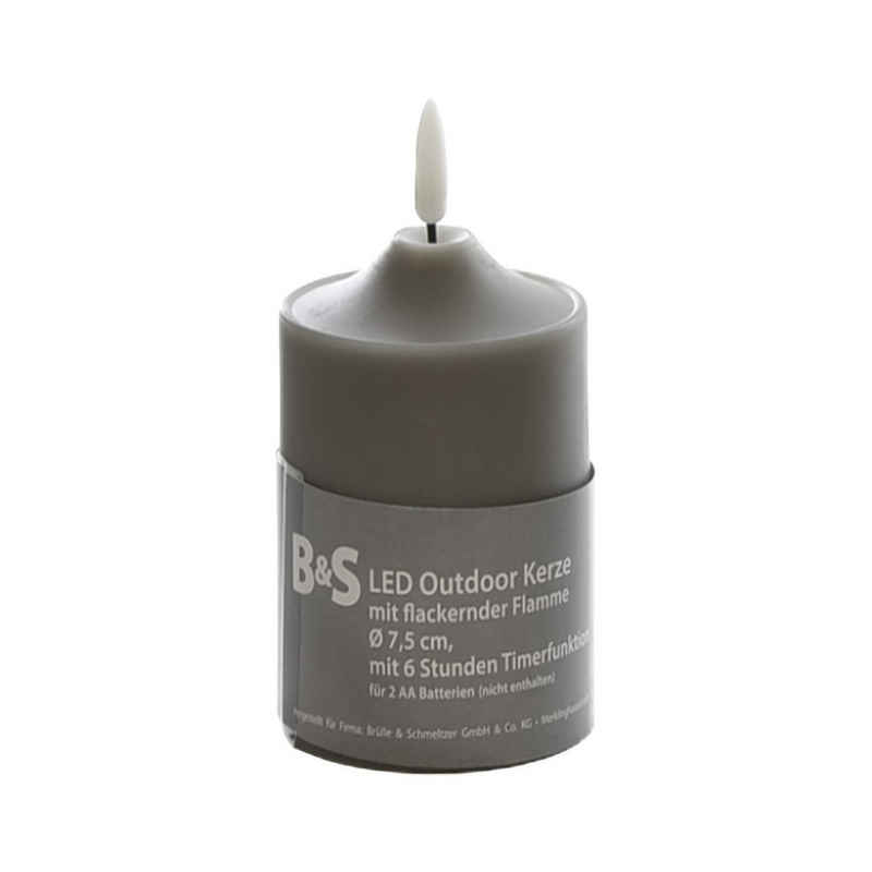 B&S LED-Kerze LED Kunststoffkerze Outdoor grau 10 x Ø 7,5 cm Flackerflamme & Timer