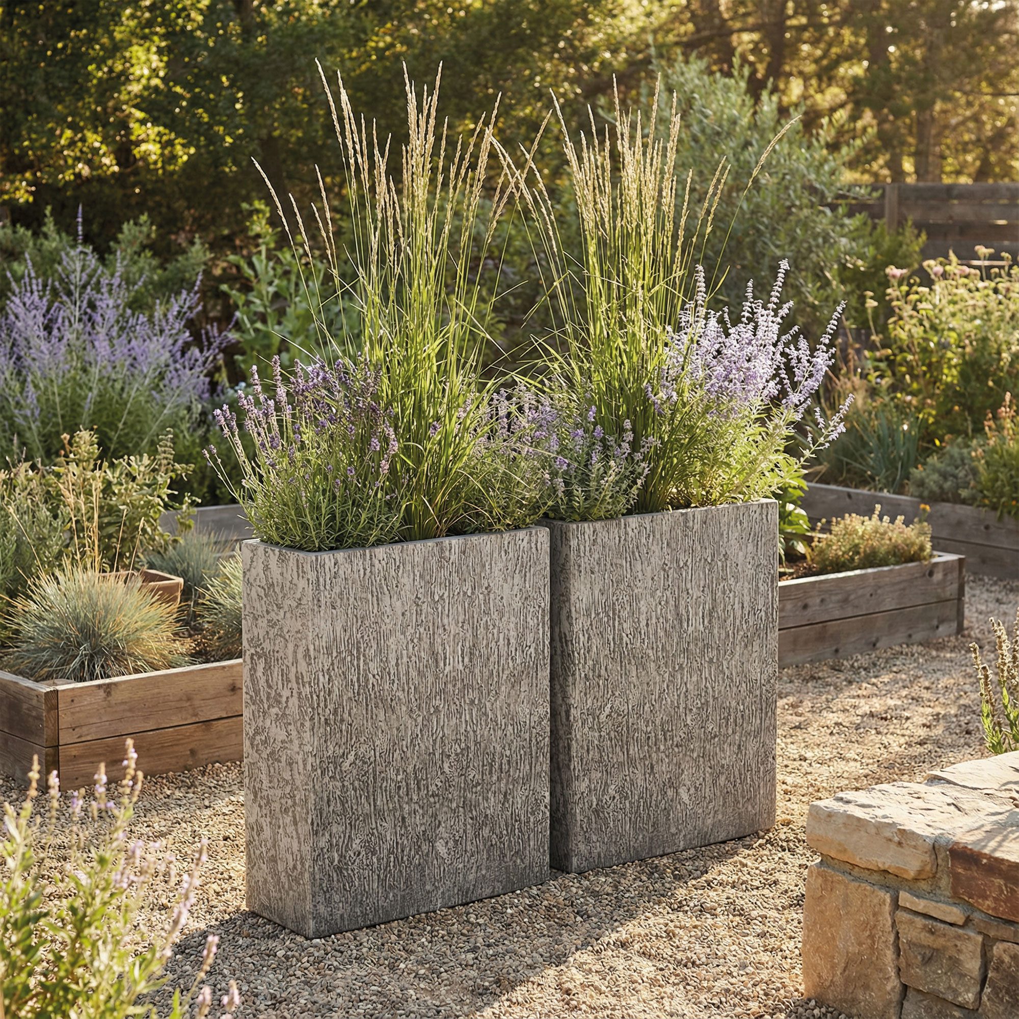 Pflanzwerk® Pflanzkübel Pflanzkübel DIVIDER - (Wood Grau) - 92cm x 80cm x 30cm, Fiberglas - Handgefertigt - Rechteckig - Frostbeständig