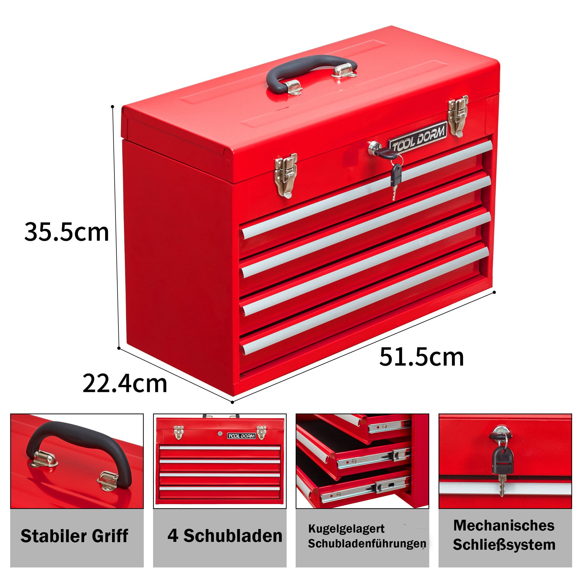 ANYSUN Werkzeugkoffer Werkzeugkasten aus Stahl mit Schubladen, 52 cm Metall Werkzeugkoffer (mit 3/4 Ebenen, Schloss & Matten), für Garage, Haus & Werkstatt