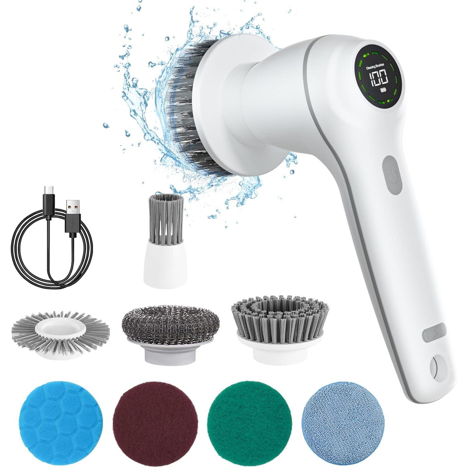 OKWISH Elektro-Oberflächenbürste Kabellose Reinigungsbürste mit Handgriff Premium Handbürste, Elektrische Spin Scrubber Bürste, Geschirrbürste 8 austauschbare Reinigungsaufsätze 2 Geschwindigkeiten, Reinigung Wanne Badezimmer Küche Auto Fenstern Glas Boden Geschirr usw