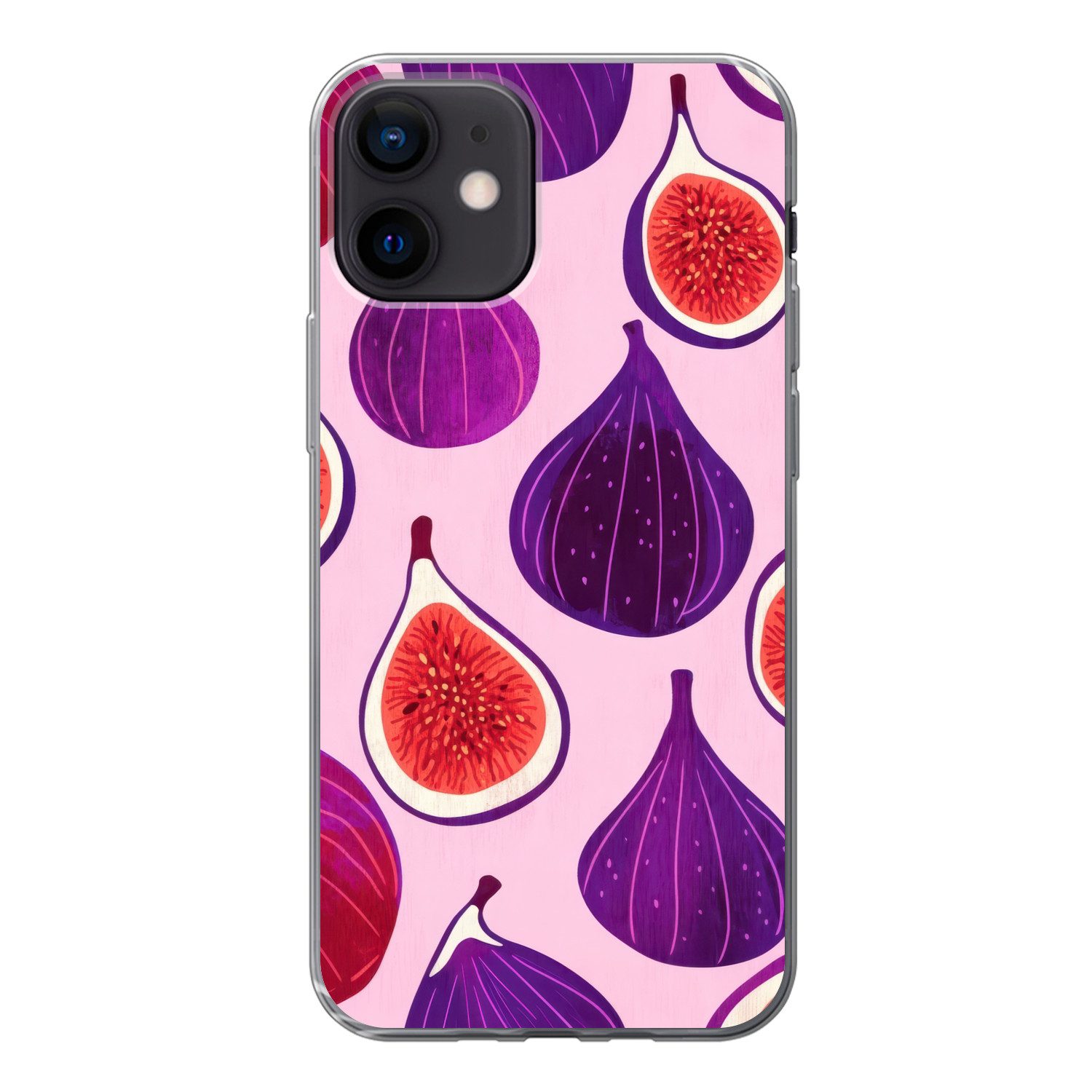MuchoWow Handyhülle für Apple iPhone 12 Feigen - Rosa - Lila, Smartphone-Bumper, Print, Handy Schutzhülle Dünn