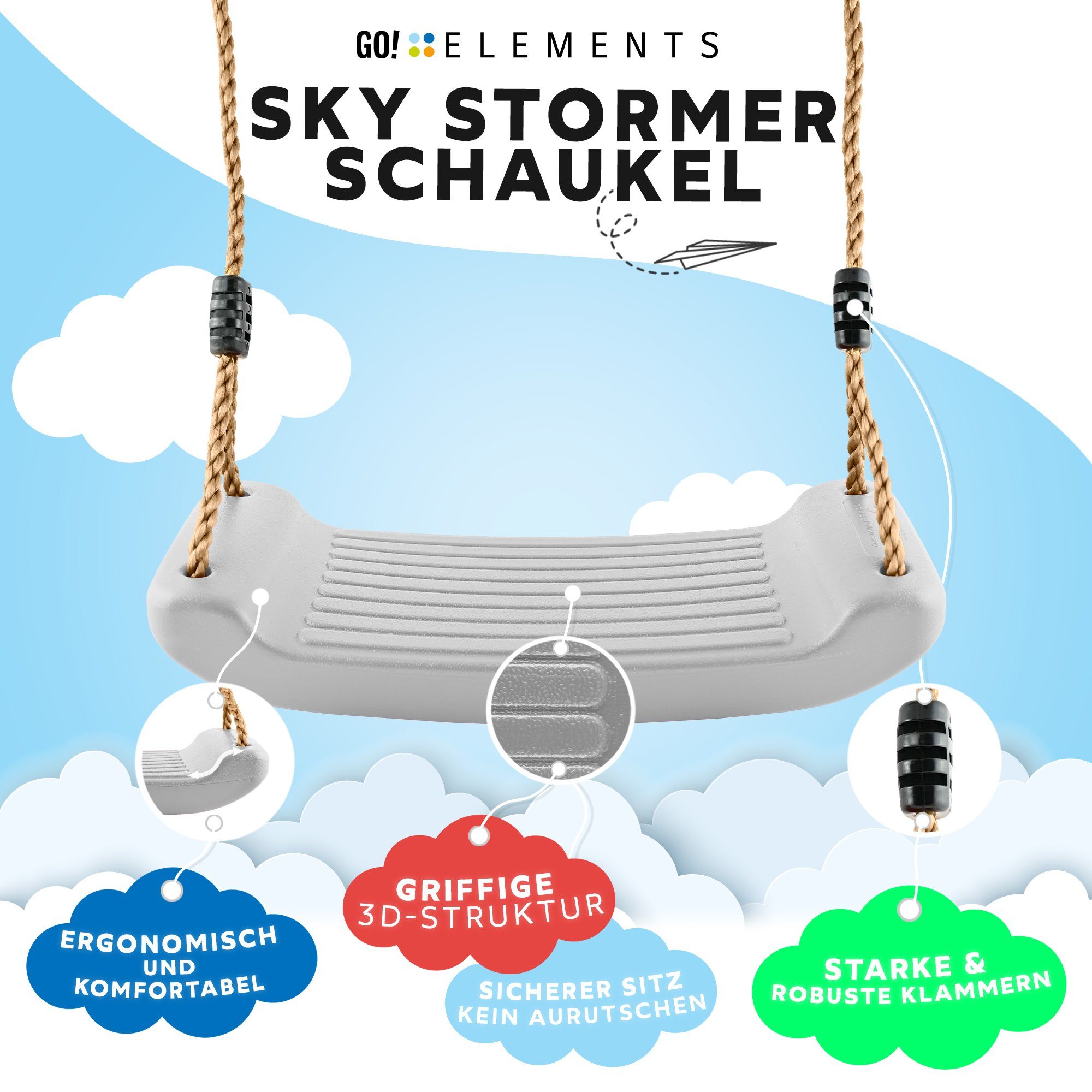 GO!elements Einzelschaukel Sky Stormer, Schaukel Garten - Kinderschaukel Outdoor Indoor - Schaukelsitz Schaukelbrett Brettschaukel für Kinder zum Schaukeln - Höhenverstellbar - Rutschfest