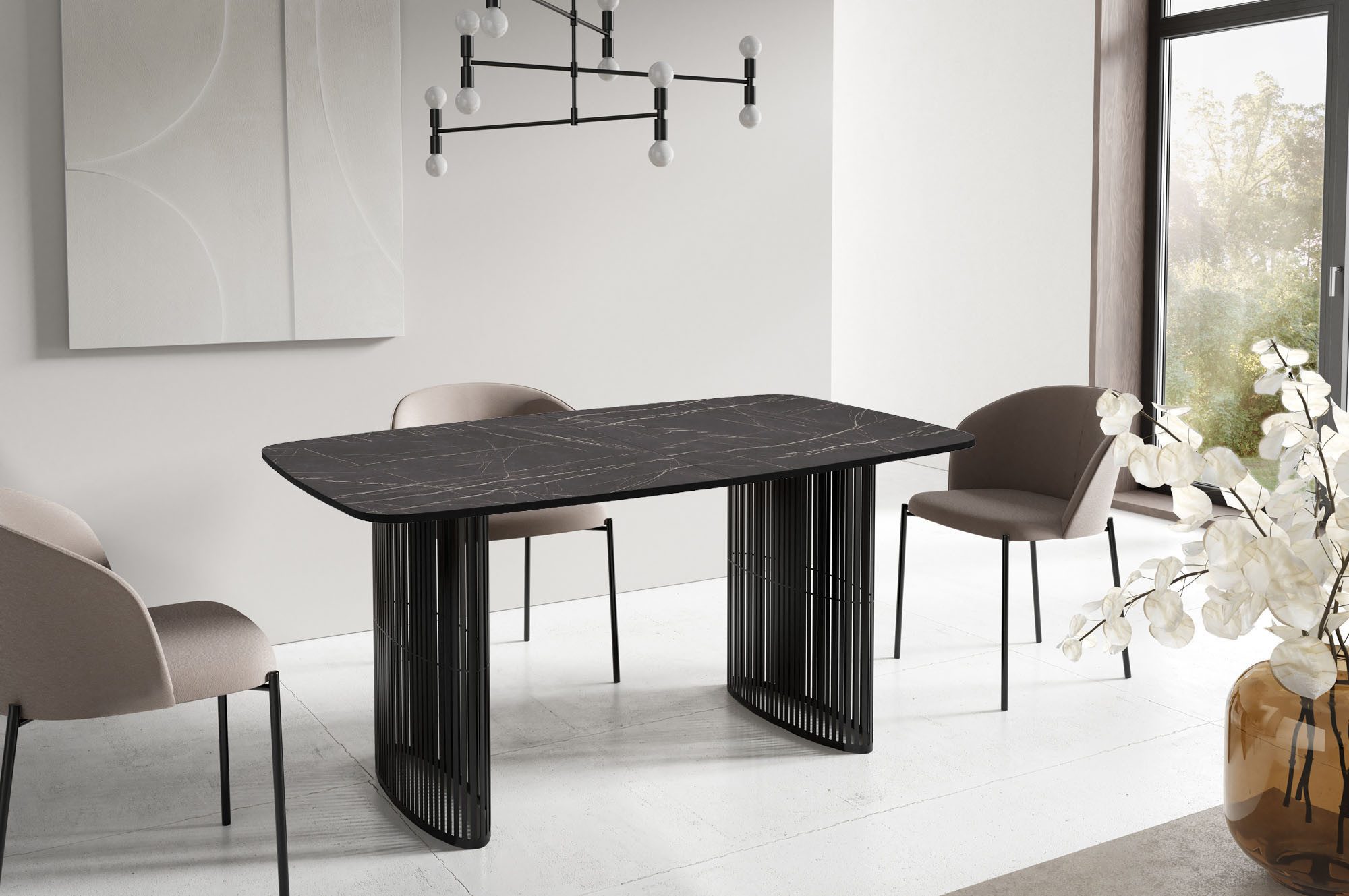 WFL GROUP Esstisch Cavaro ausziehbar rechteckig industrial mit schwarzen Metallbeinen (MADE IN EU, erhältlich in 3 Größen – 160/180/200cm, ausziehbar auf 240/260/280cm), moderner Tisch mit Lamellen für Küche, Esszimmer oder Wohnzimmer