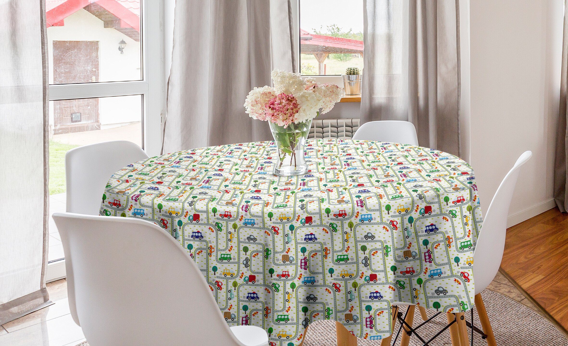 Abakuhaus Tischdecke Kreis Tischdecke Abdeckung für Esszimmer Küche Dekoration, Autos Kinder, die auf Verkehr