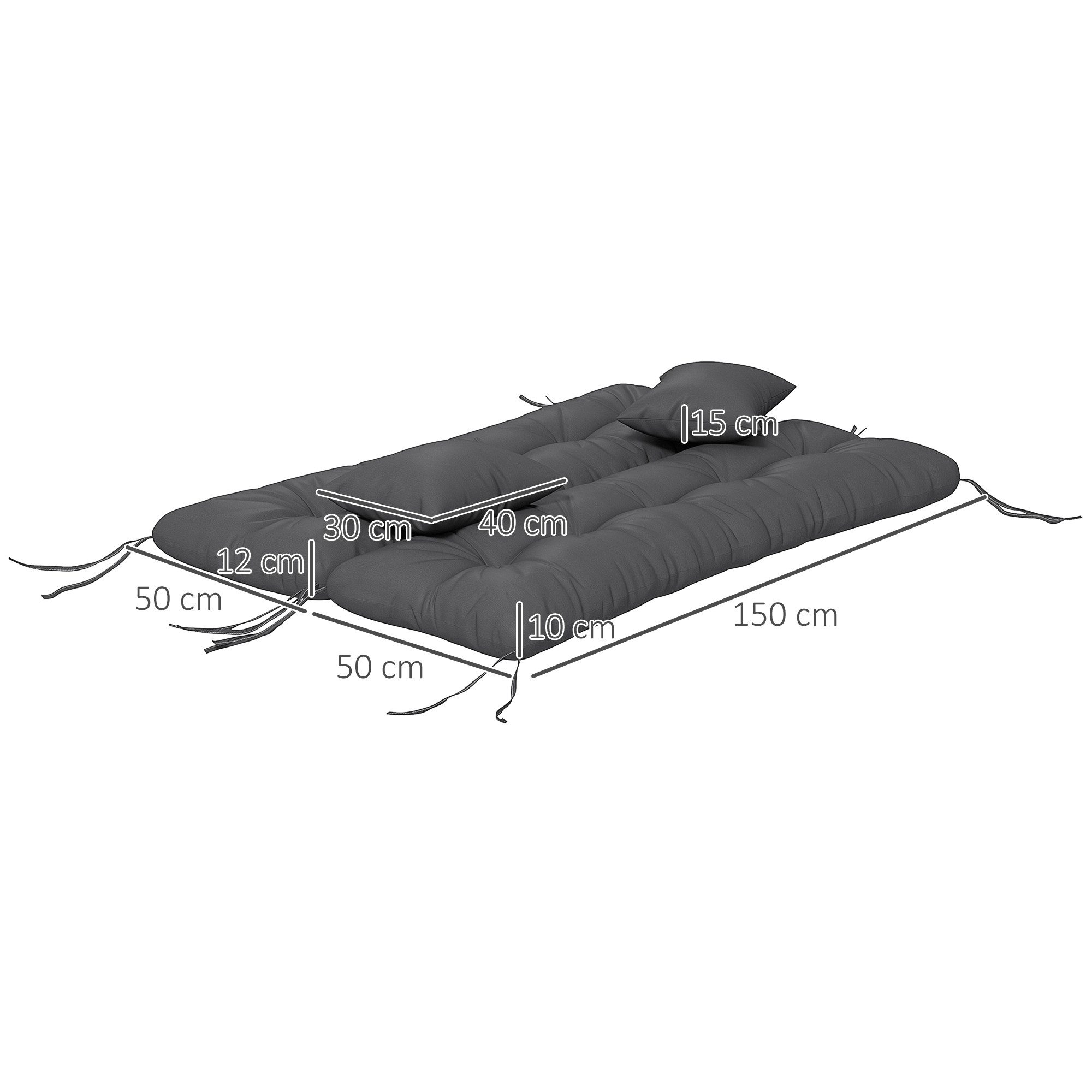 Outsunny Sitzkissen 4er-Set, mit Bindebänder, 10cm dick, 150x50 cm, für Haus, Garten, Sofa, Dunkelgrau
