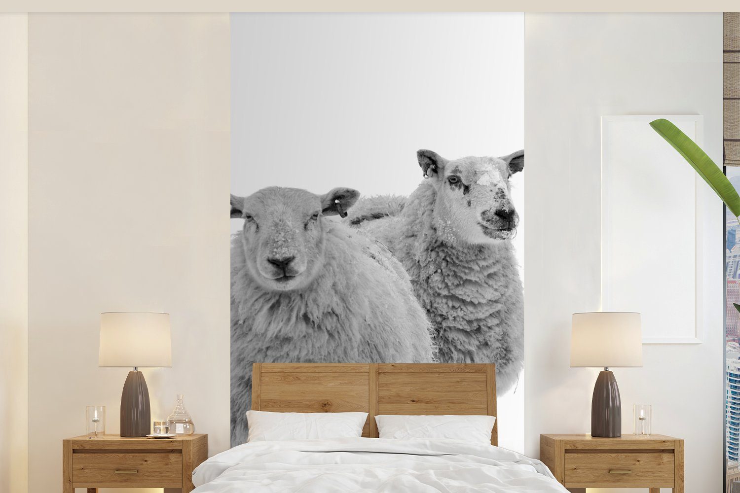 Fototapete Vliestapete Schafe Schlafzimmer (2 Matt, Schnee - St), bedruckt, MuchoWow Weiß, Küche, Wohnzimmer - Fototapete für