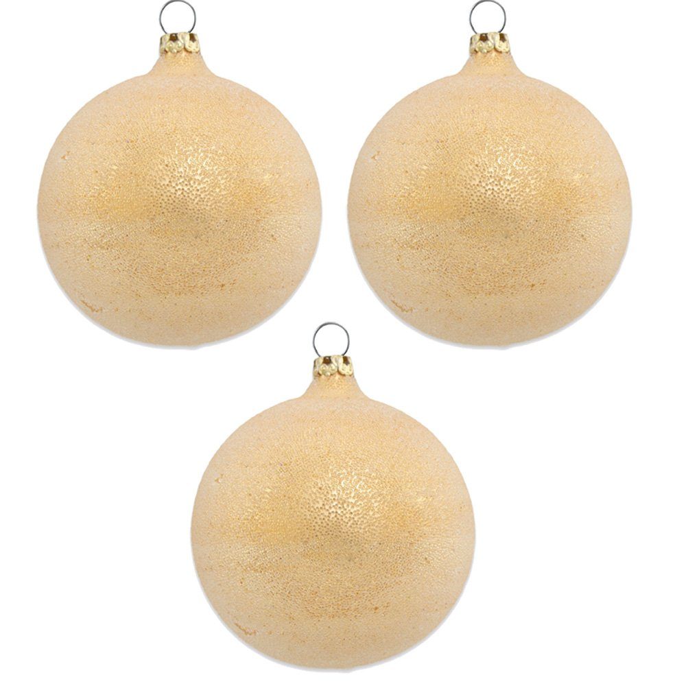 Thüringer Glasdesign Weihnachtsbaumkugel Perlentau Gold Ø 8 cm (3 Stück) - Glas Christbaumkugeln Made in Germany (3 St), Mundgeblasen
