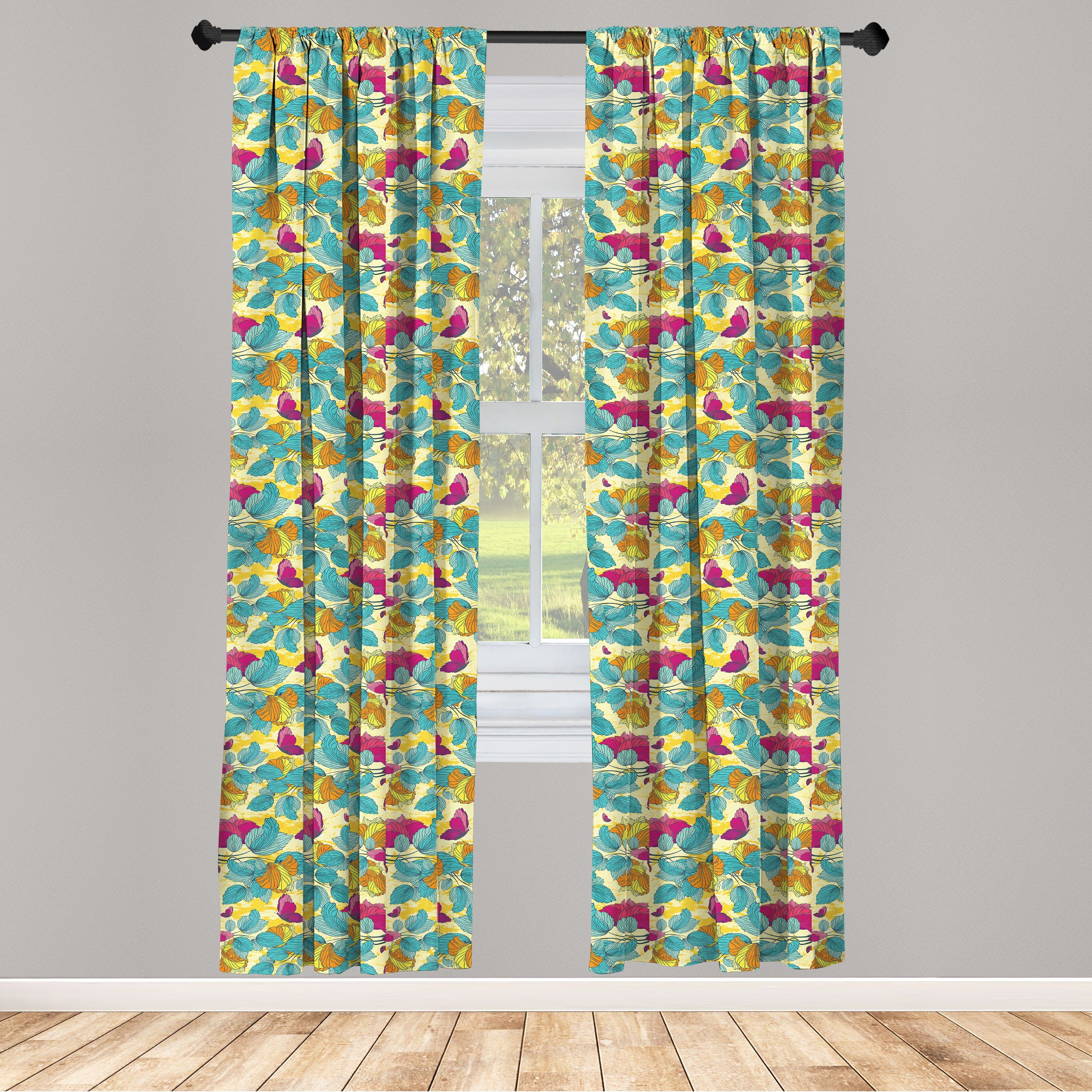 Gardine Vorhang für Wohnzimmer Schlafzimmer Dekor, Abakuhaus, Microfaser, Bunt Abstraktes Blatt Schmetterling