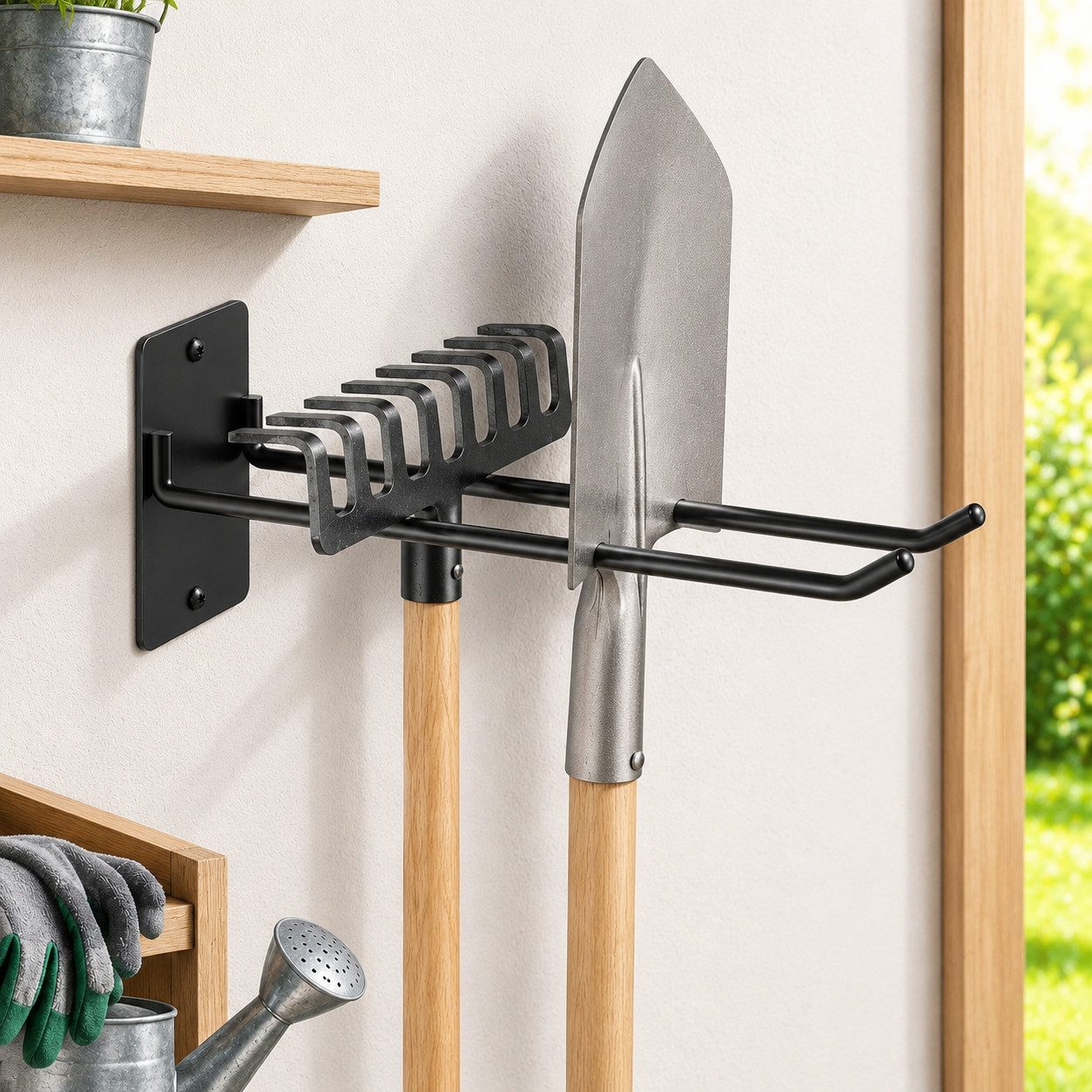 Toomoke Gartengerätehalter Gerätehalter, Werkzeughalter für lange Werkzeuge, (Wandhalter für Besen, Schaufeln, Rechen, Garage und Gartenhaus, 25 × 7 × 10 cm, Stahl, Doppelarm, Schraubmontage, Schutzkappen)