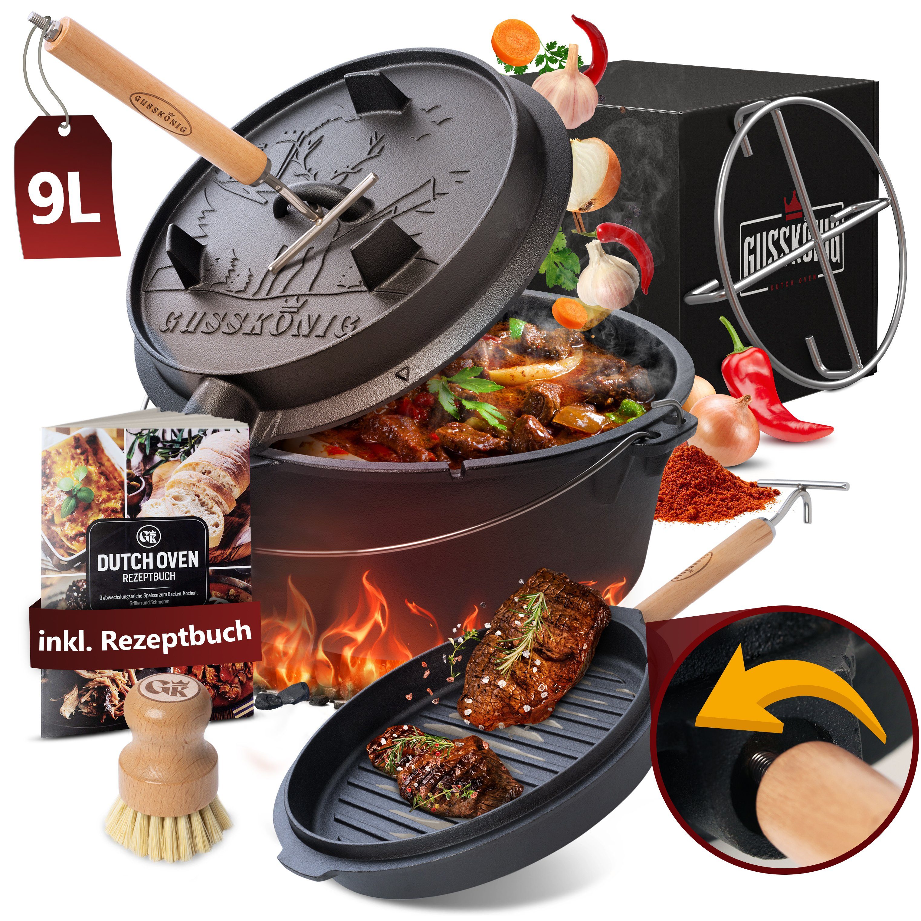 GUSSKÖNIG Grilltopf GUSSKÖNIG Dutch Oven Set [9L] - mit Untersetzer, Gusseisen (Planer Boden, 7-tlg., Gusseisen, Holz, Edelstahl)