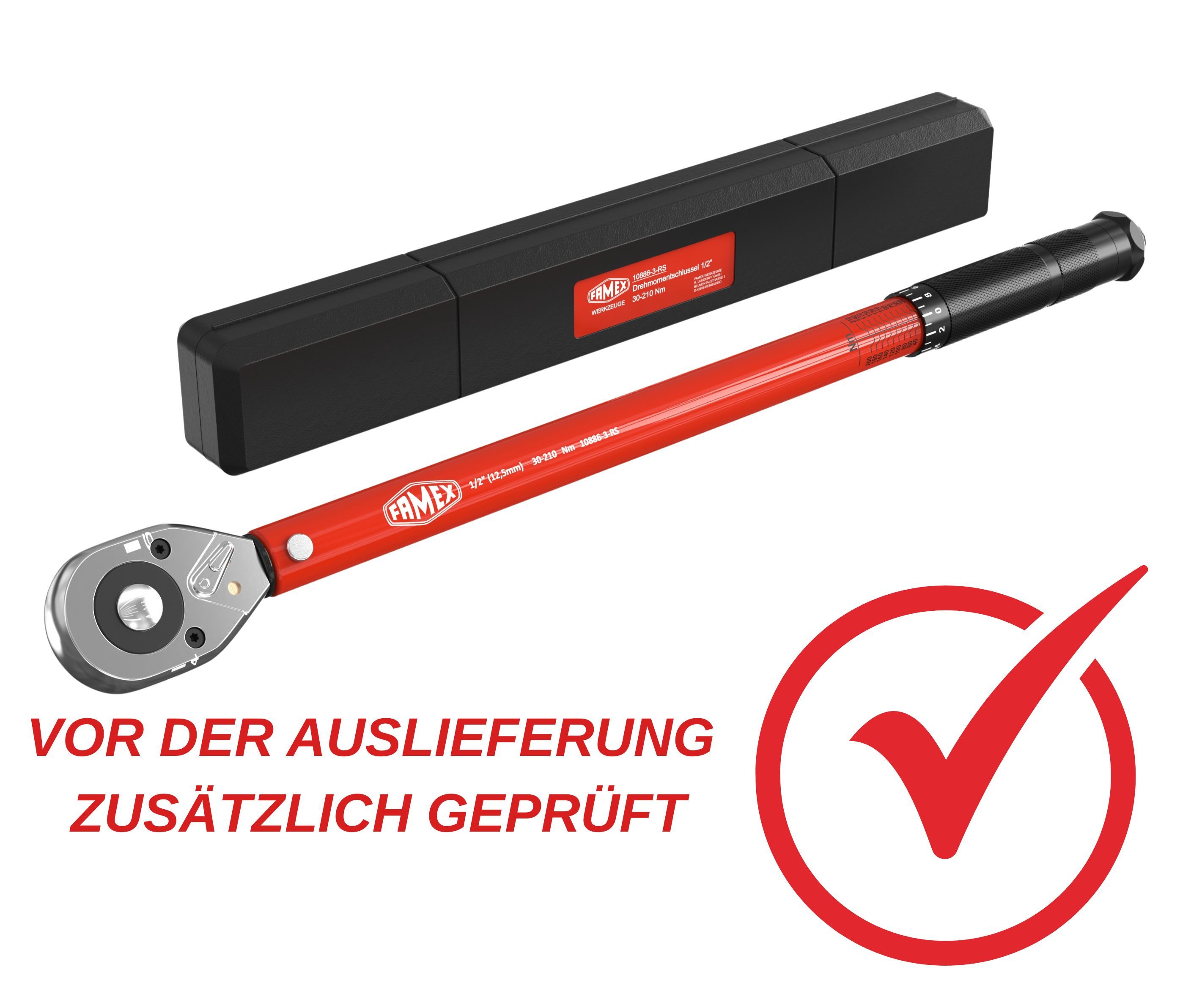 FAMEX Drehmomentschlüssel 10886-3-RS Drehmomentschlüssel Set 1/2 Zoll (12,5mm) (4% Genauigkeit, 6 St., vor Auslieferung zusätzlich geprüft), 30-210 Nm, mit Kalibrierschein
