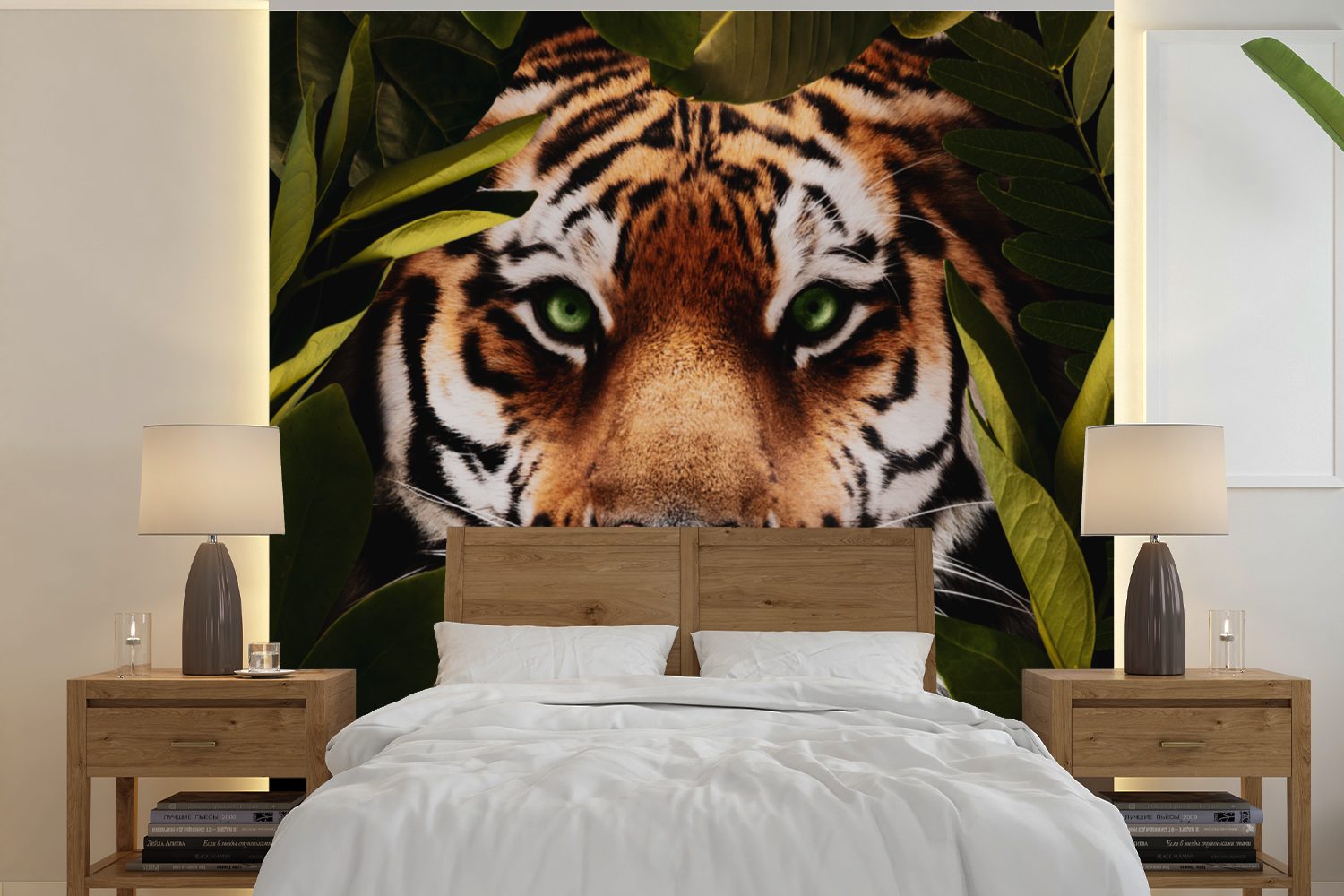 MuchoWow Fototapete Tiger - Blätter - Tiere, Matt, bedruckt, (5 St), Vinyl Tapete für Wohnzimmer oder Schlafzimmer, Wandtapete