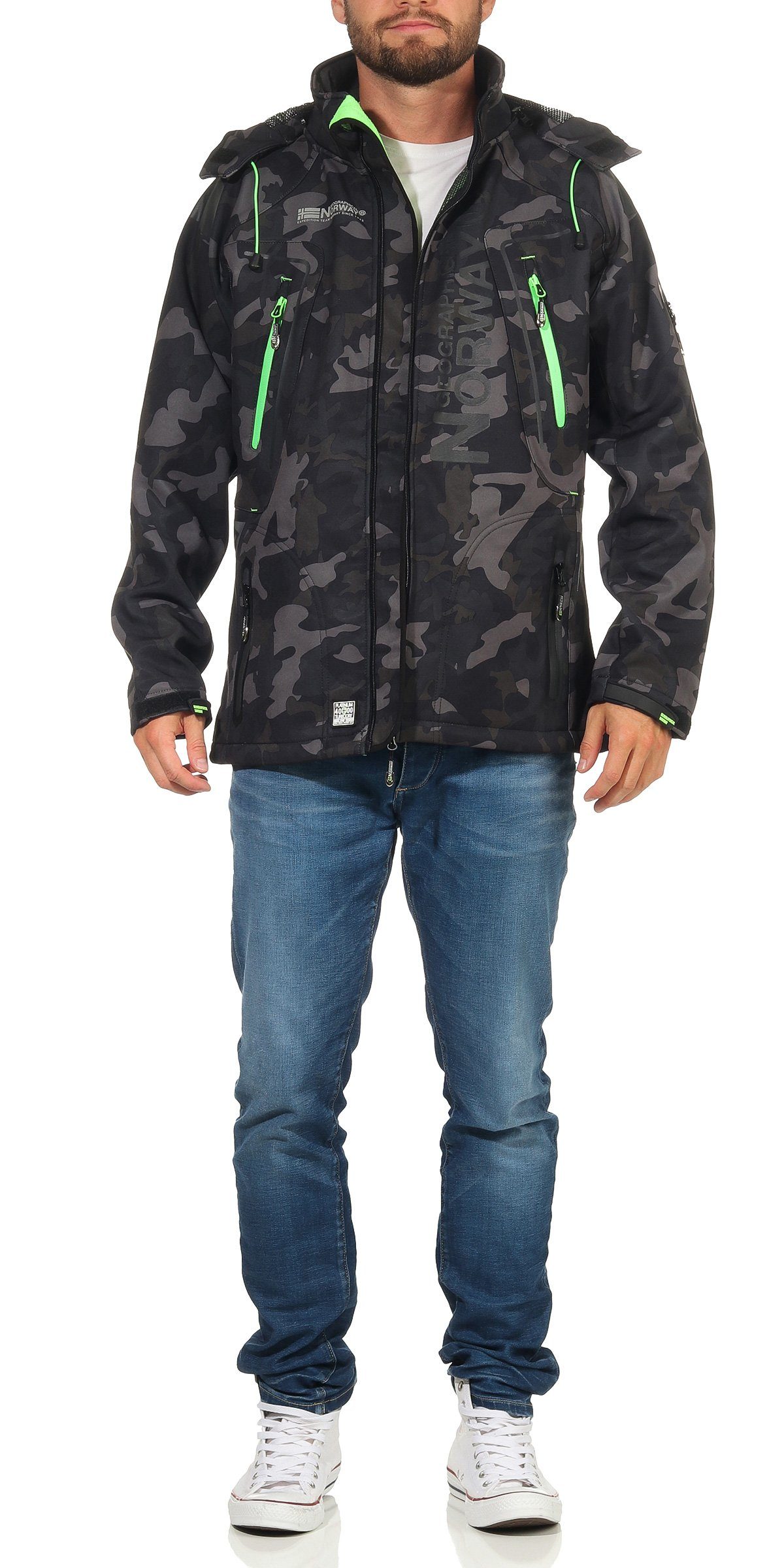 Geographical Norway Softshelljacke Herren Softshell Wander Sport Übergangsjacke Trekking Jacke in Unifarbe, mit abnehmbarer Kapuze, mit Stehkragen