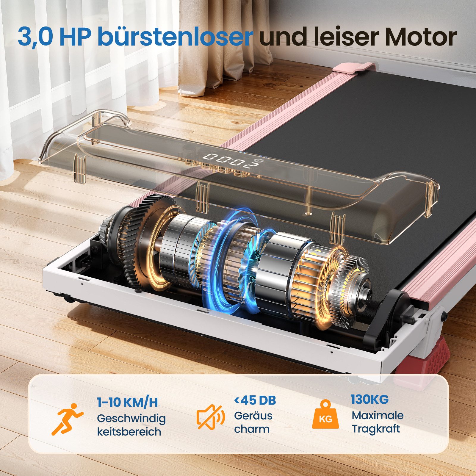 Dskeuzeew Laufband Tragbar Laufbänder 3 in 1 - Laufband mit 8% Steigung (Laufgerät für Zuhause bis 130KG - LED-Anzeige - Noise<45db), 1-10 km/h - Elektrisches 3.0 PS Bürstenloser Motor