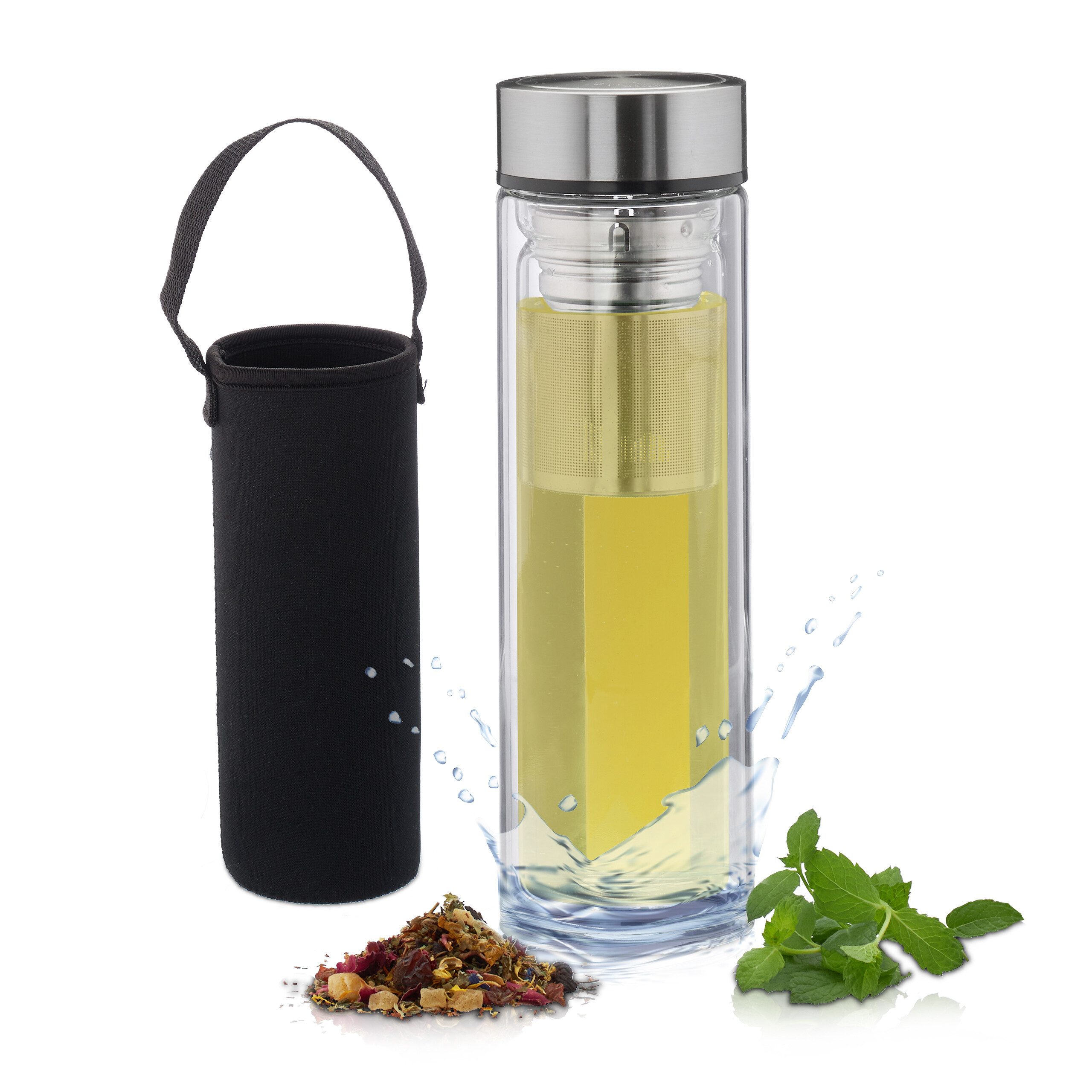 relaxdays Teeglas 2 x Teeflasche mit Sieb to go, Glas