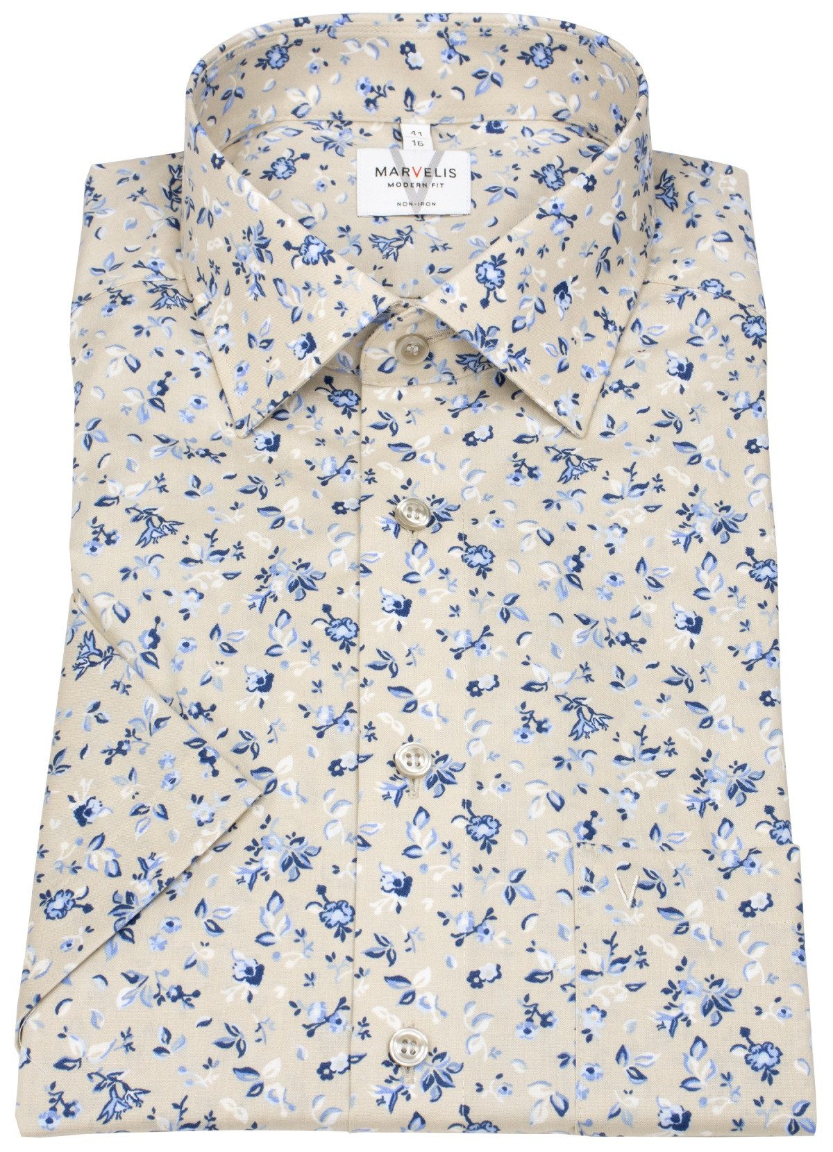 MARVELIS Kurzarmhemd Modern Fit leicht tailliert bügelfrei Kentkragen