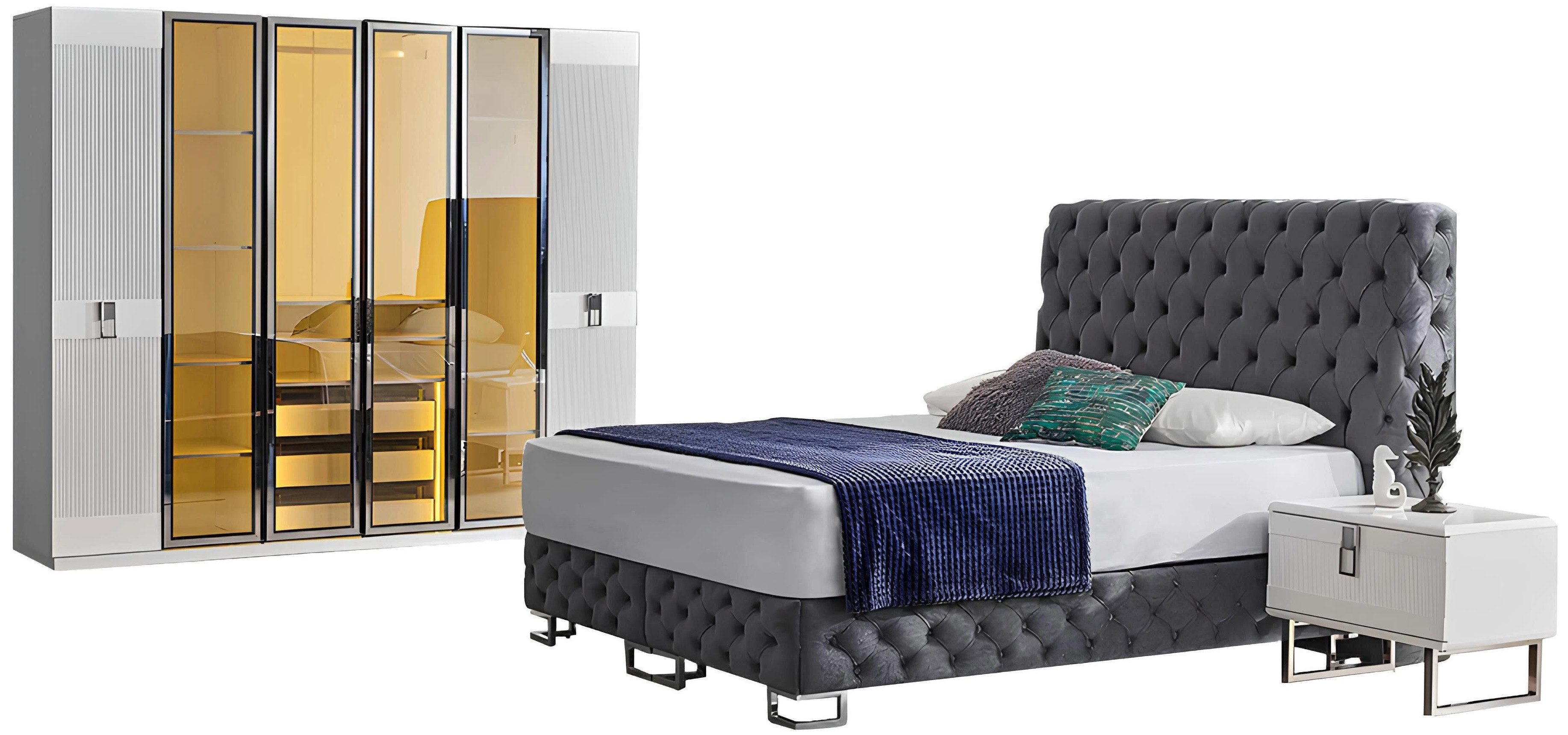 Xlmoebel Komplettschlafzimmer Graues Chesterfield Bett mit Nachttischen und Schrank, (Set 4tlg Schlafzimmer (Bett + 2xNachttische + Kleiderschrank), Hergestellt in Europa