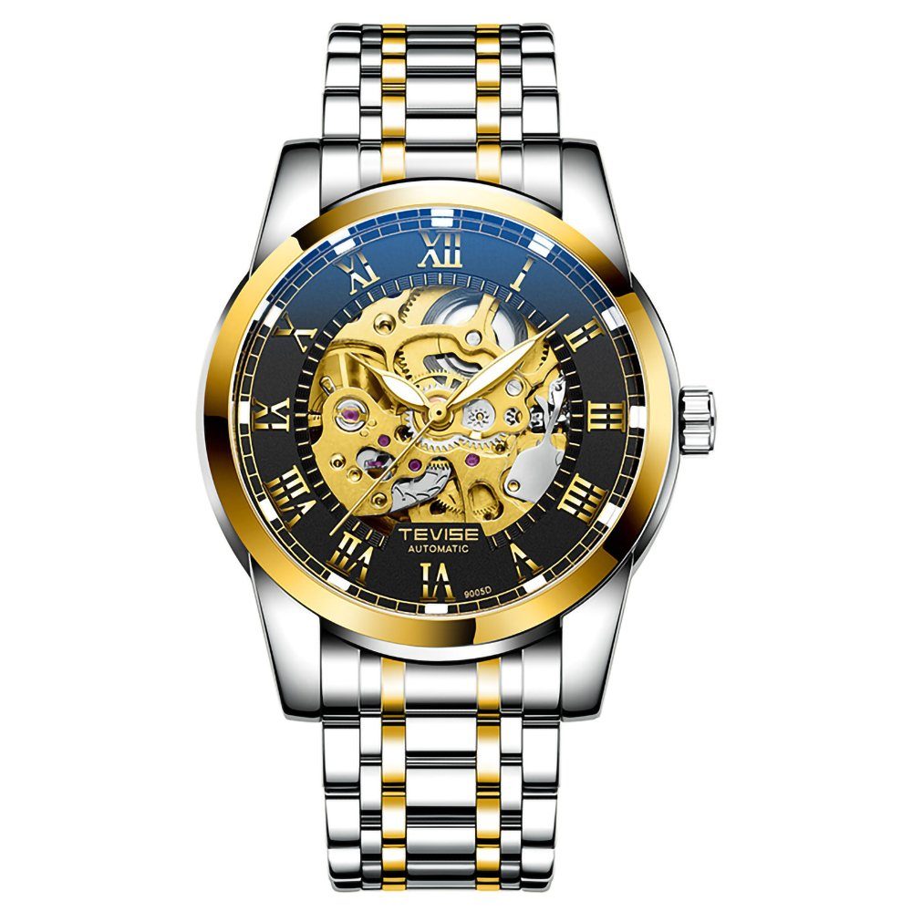 GelldG Uhr Uhr Automatik, mechanische Armbanduhr, Wasser- und Kratzfest, Herren Gold, Schwarz