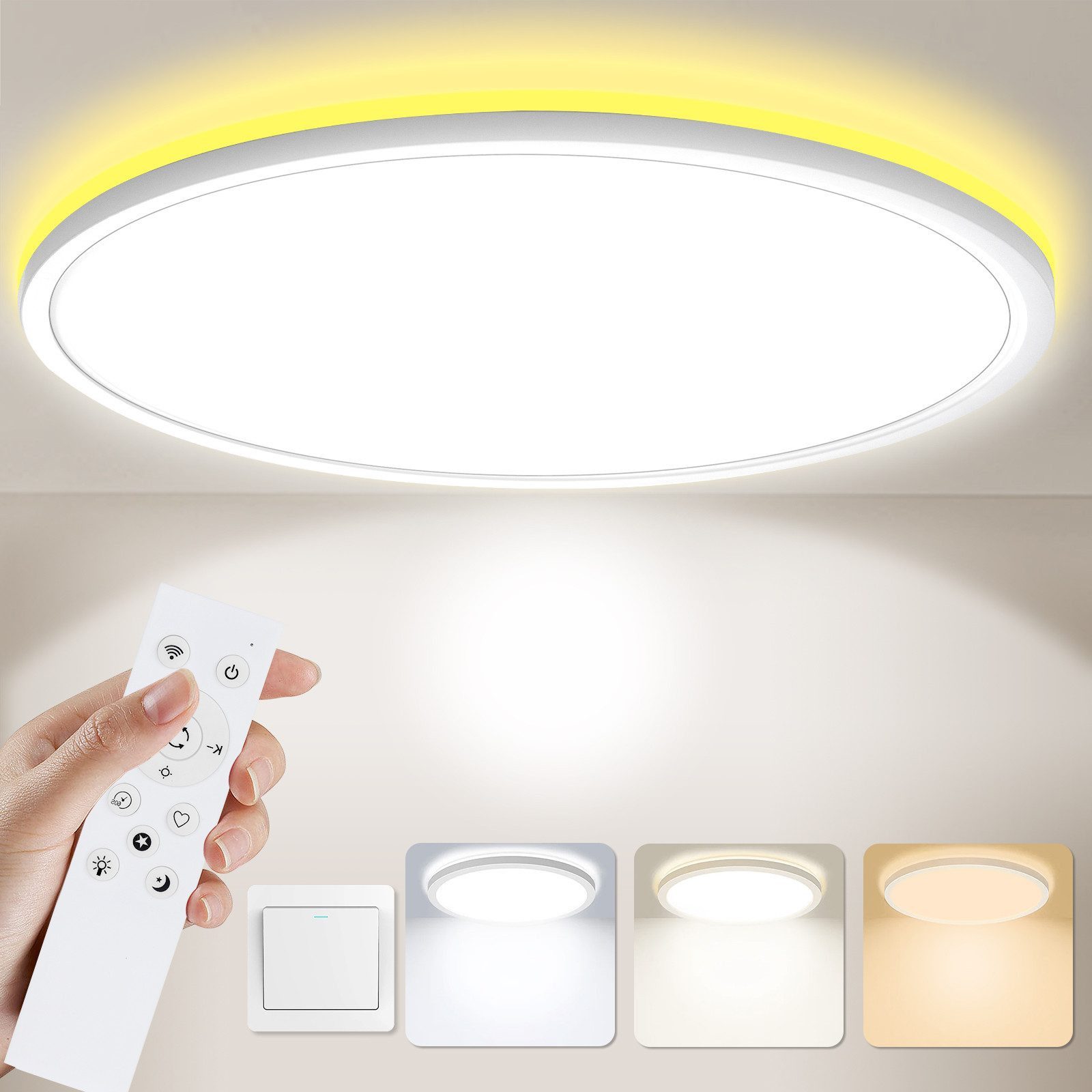 Ophy LED Deckenleuchte Dimmbare LED Deckenlampe 24W 2400lm 30cm – mit Fernbedienung, 3000-6000K, Smart Background Light (für Bad, Wohnzimmer, Flur)