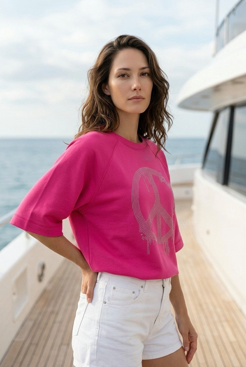 Zuckerwatte Sweatshirt 78182 mit PEACE Applikation aus weicher Baumwolle Modal Mischung