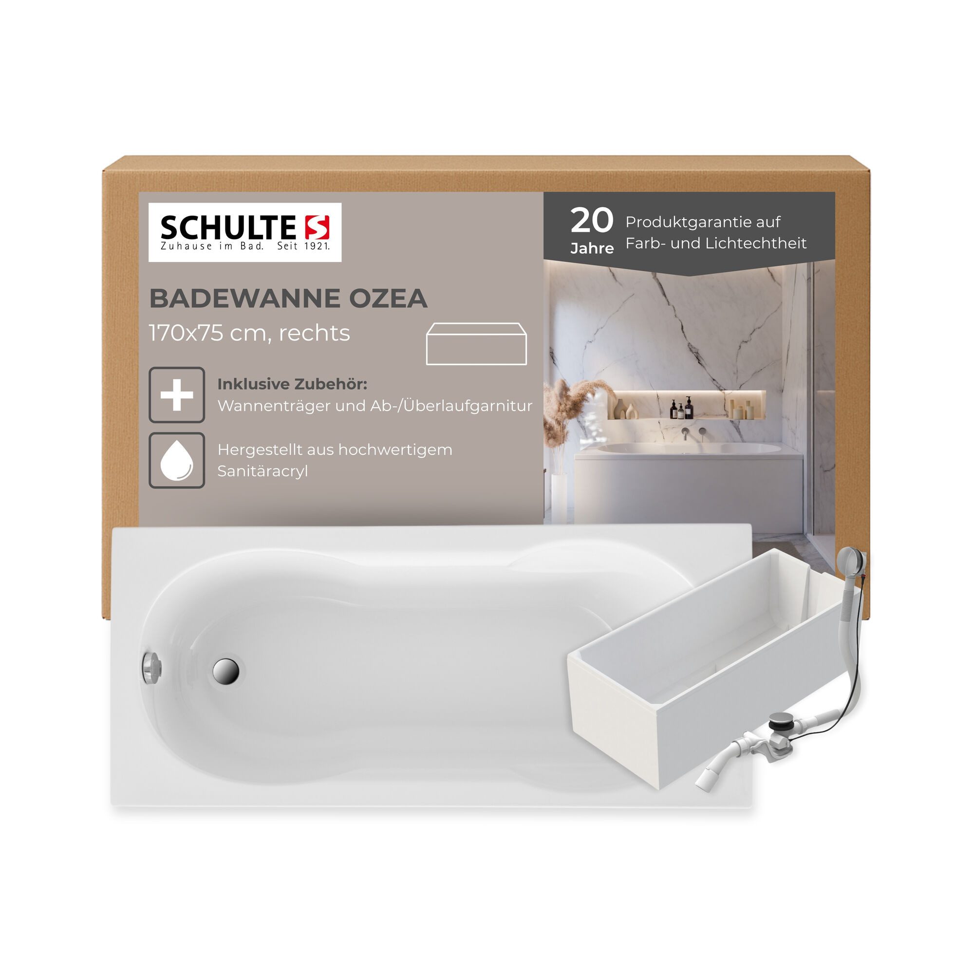 Schulte Badewanne Rechteck Ozea 170x75 cm, Sanitäracryl Weiß Komplett-Set mit Wannenträger und Ablauf
