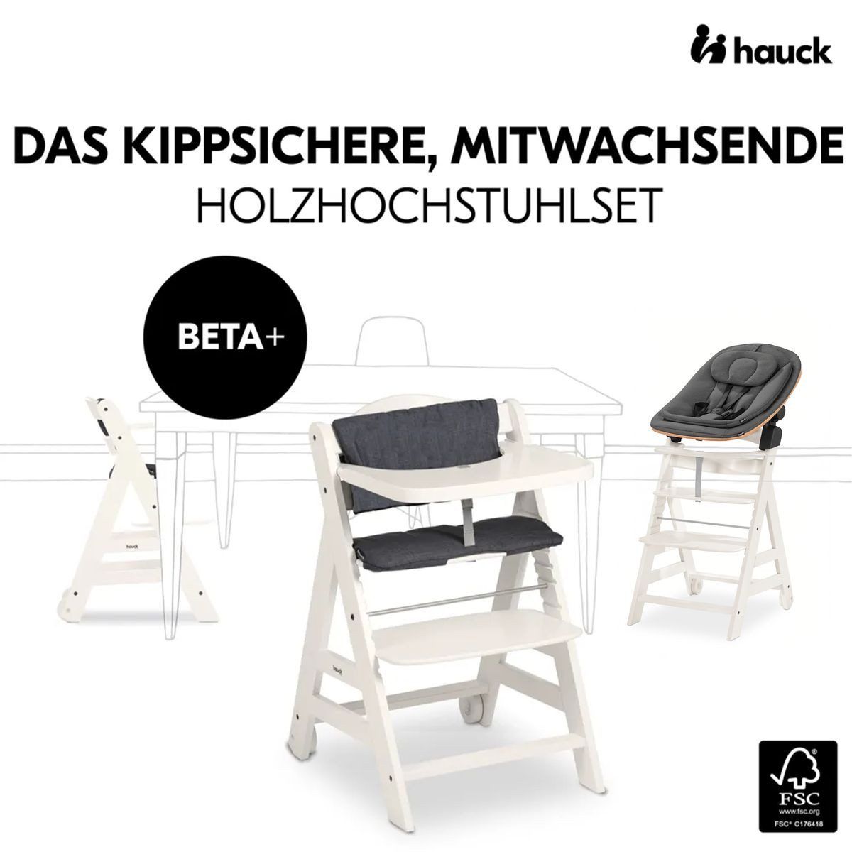 Hauck Hochstuhl Beta Plus Newborn Set Eco - White, Holz Babystuhl ab Geburt mit Neugeborenensufsatz, Sitzkissen, Essbrett