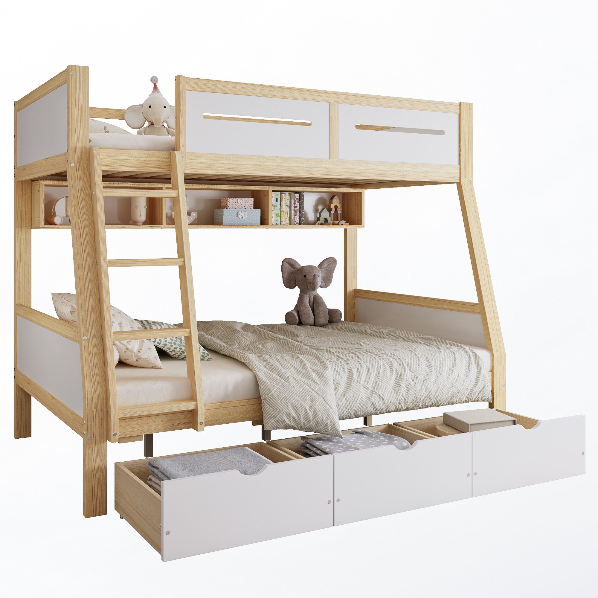 SOFTWEARY Etagenbett mit 2 Liegeflächen und Lattenrost (90x200cm/120x200cm, Regal und Schubladen), Kinderbett mit Rausfallschutz, Kiefer