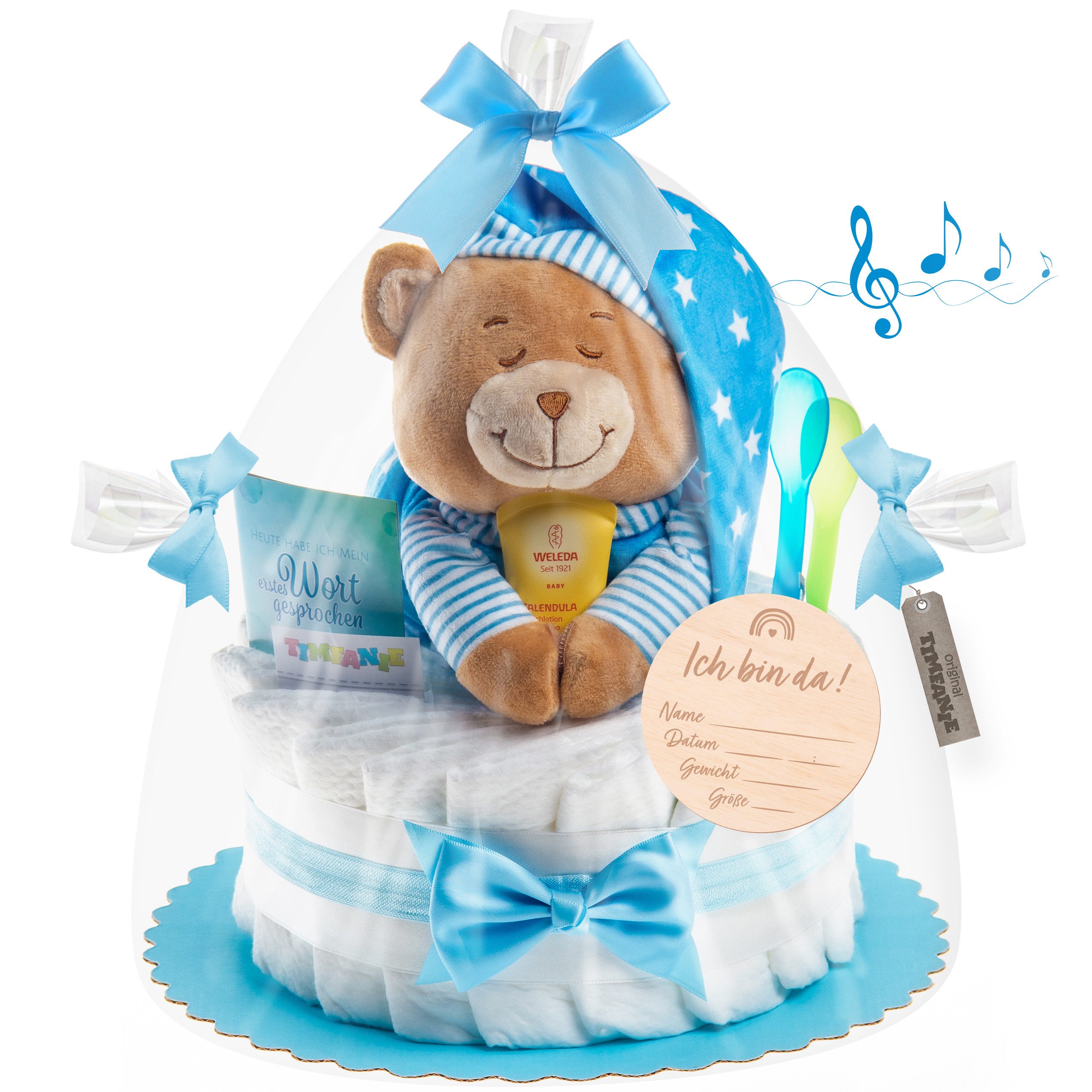 Timfanie Windeln Windeltorte, Spieluhr Schlafmütze, blau, 0-8 Monate (Handgefertigtes Geschenk - In Folie gehüllt, mit Schleifen verziert, 28-St., 20 Pampers Premium, 1 Marken-Kuscheltie, wertige Accessoires), Das Perfekte Geschenk zur Geburt oder Babyparty.