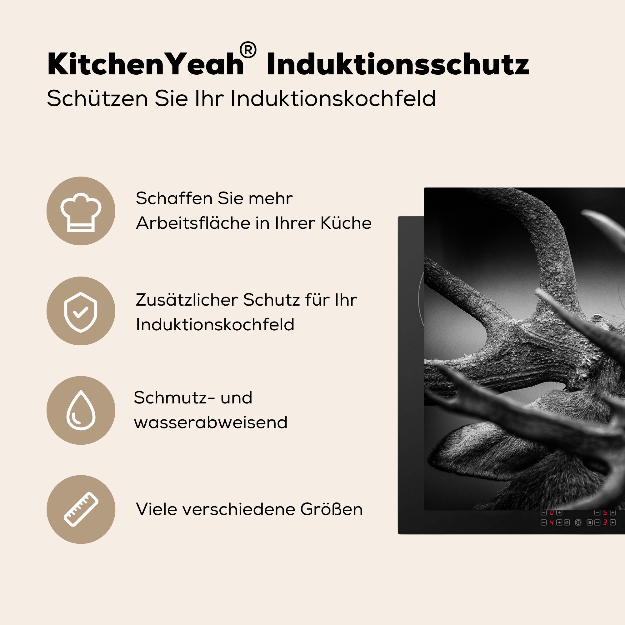 küche, für die Hirsch - Induktionskochfeld (1 Schwarz, Vinyl, 81x52 Herdblende-/Abdeckplatte tlg), cm, Geweih MuchoWow Ceranfeldabdeckung - Schutz
