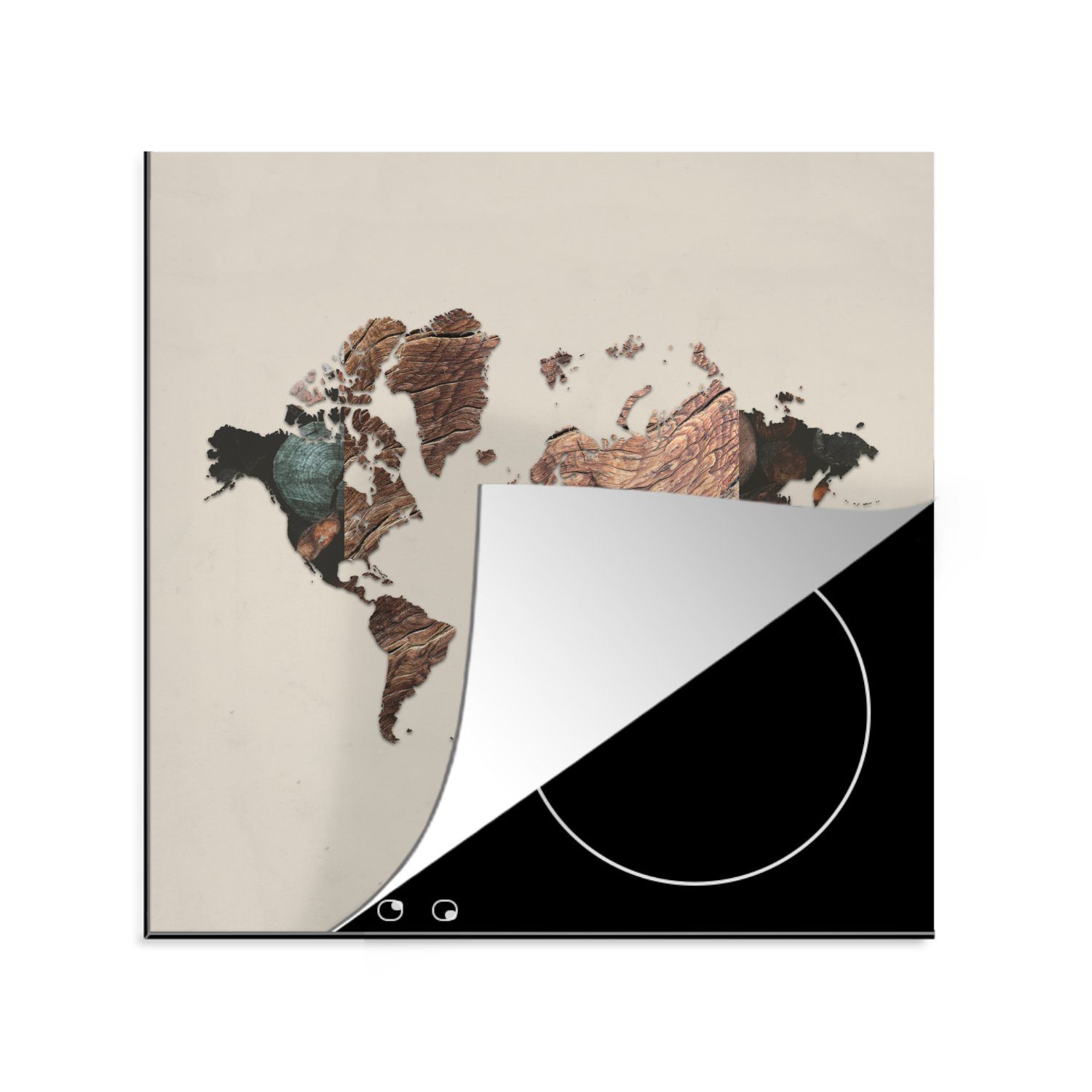 MuchoWow Herdblende-/Abdeckplatte Weltkarte - Einfach - Holz, Vinyl, (1 tlg), 78x78 cm, Ceranfeldabdeckung, Arbeitsplatte für küche
