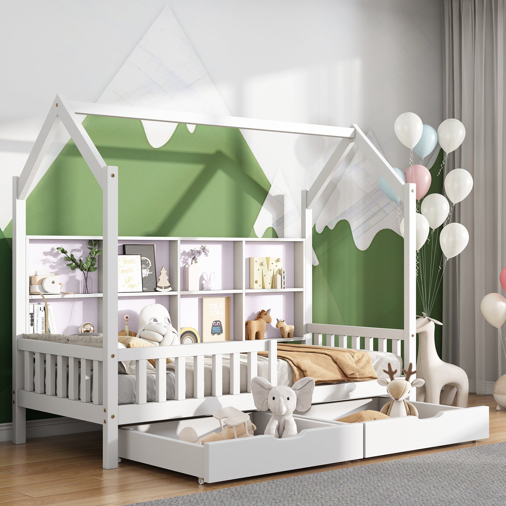 Weiß großen Stauraum Jugendbett Einzelbett und ohne zwei Hausbett und (90x200 WISHDOR Schubladen Matratze), Kaminform Kinderbett mit