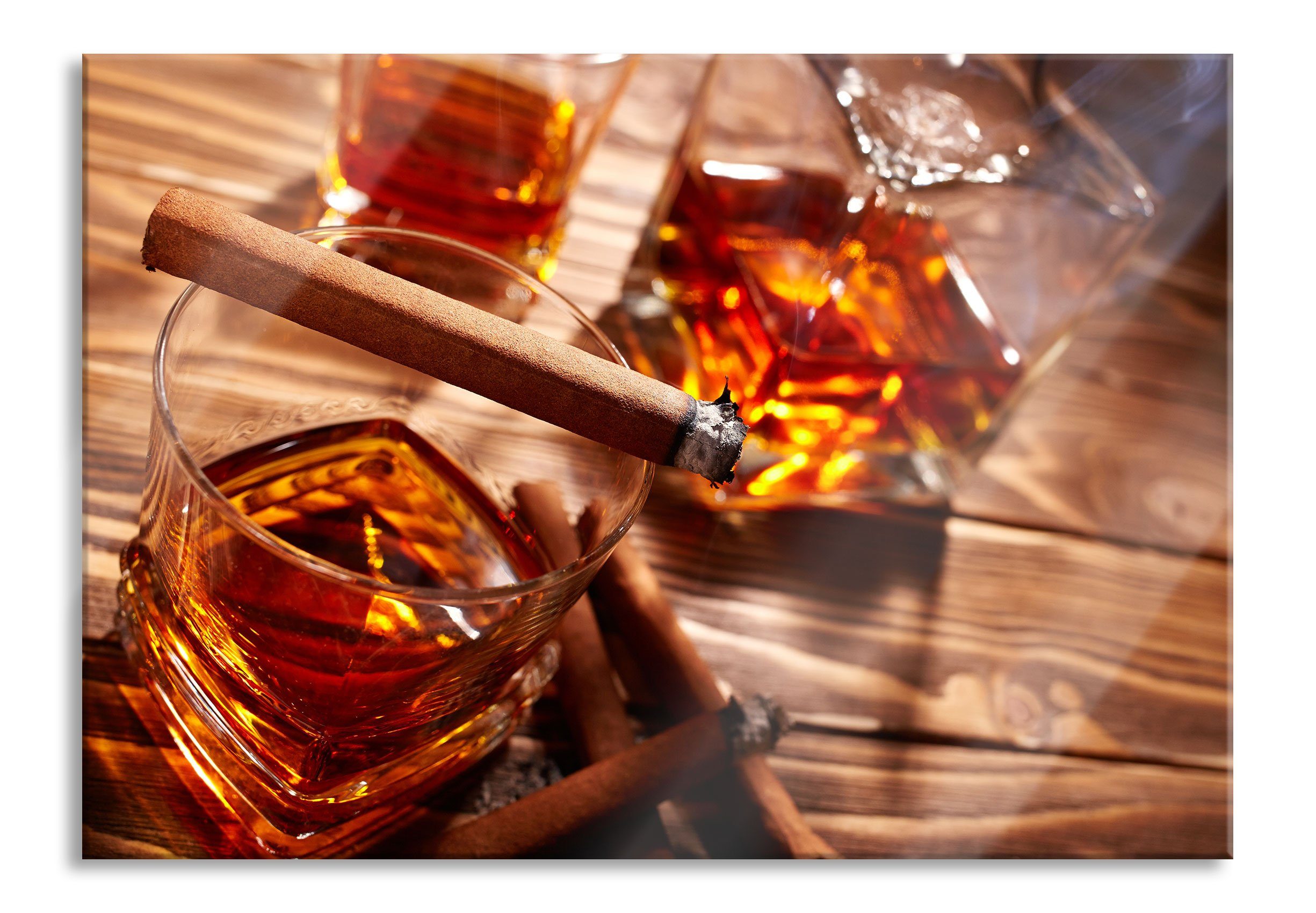 aus und Abstandshalter Glasbild Edler (1 Whiskey Edler mit Echtglas, St), Whiskey inkl. Zigarre, mit Pixxprint Aufhängungen Glasbild Zigarre