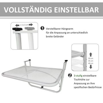 Outsunny Balkonhängetisch höhenverstellbar viereckig Terrasse Metall Weiß (Set, 1-St., Gartentisch), L60 x B56.5 x H45 cm