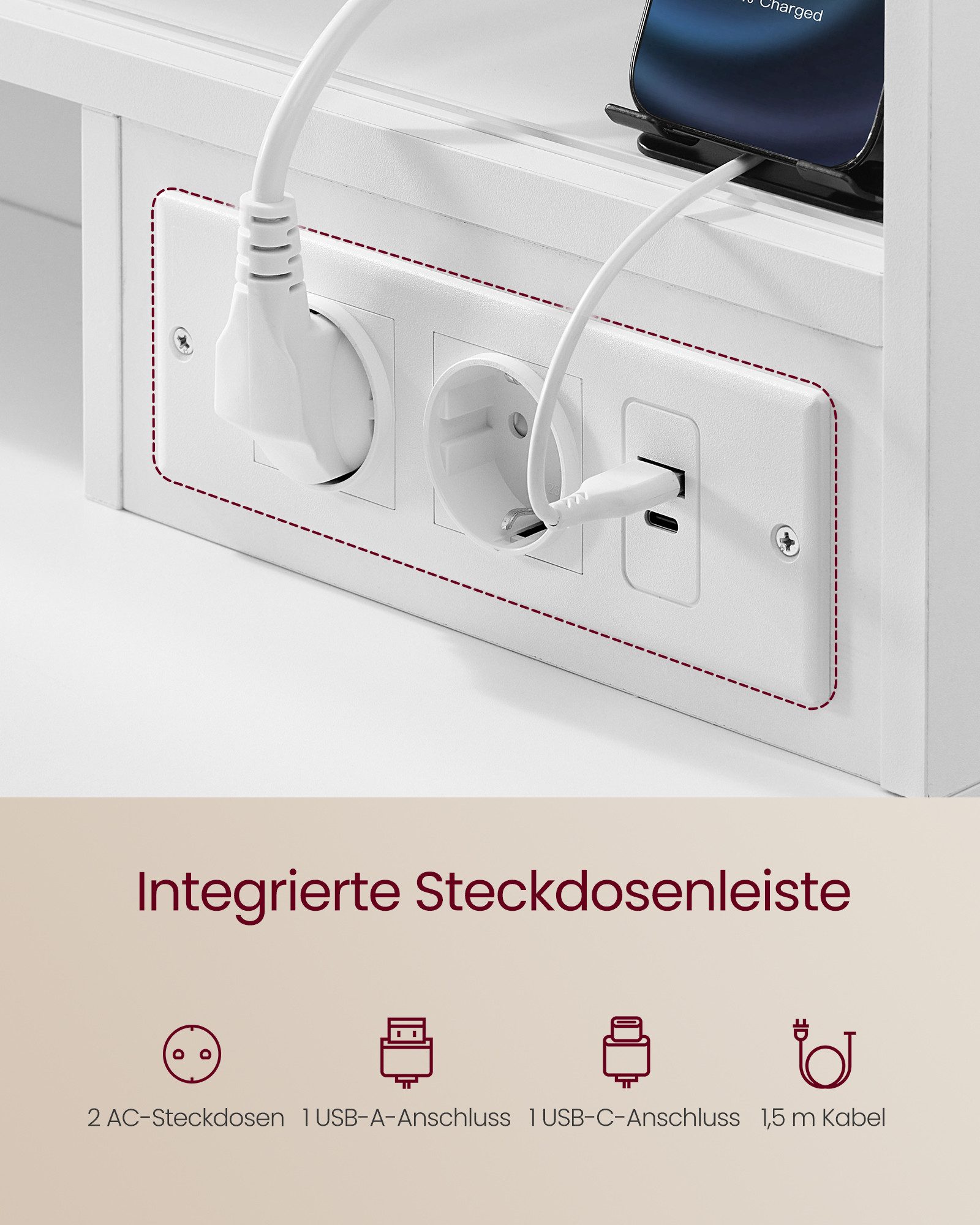 VASAGLE Schminktisch Hocker Steckdosenleiste (1 Tisch mit 1 Hocker), 10x Vergrößerungsspiegel, 3 Lichtfarben, werkzeuglose Gleitschienen – Bild 5 von 5