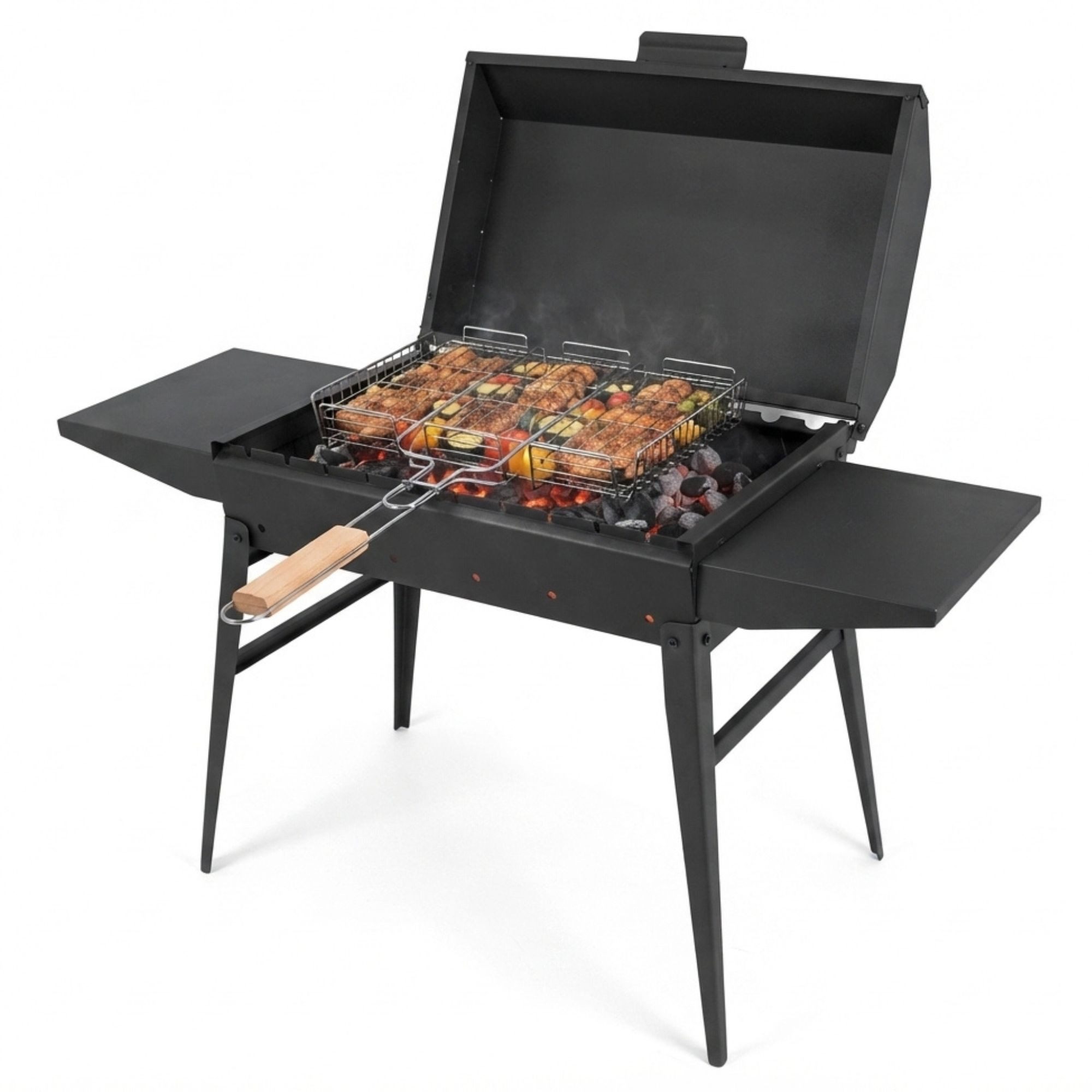 BIG-PAN Holzkohlegrill Klappbarer Mangal 2mm Stahl Deckel 2 Ablagen Schaschlikgrill BBQ Grill, Grillzubehör Grillgitter Kohlegrill, Grillrost verchromter Stahl Grillaufsatz, Standgrill Campinggrill Outdoor Außenbereich