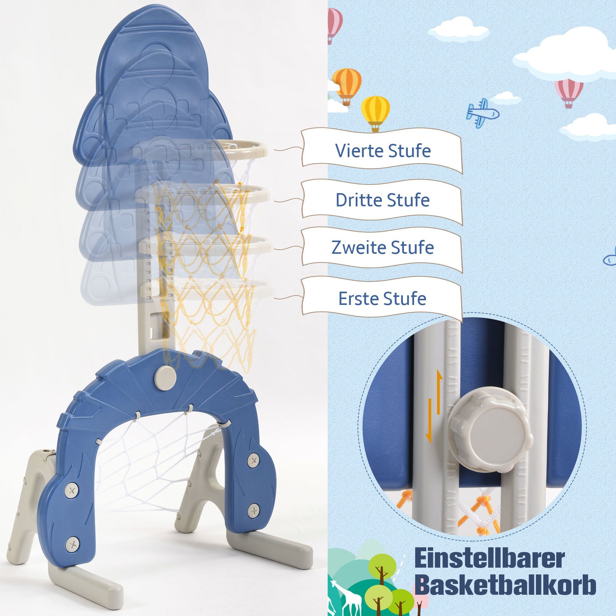 Rutsche, (Kleinkinderrutsche Gartenrutsche für 2-8 Jahre Kinder), Kinderrutsche mit Basketballkorb, Fußballtor, Schaukel und Kletterturm
