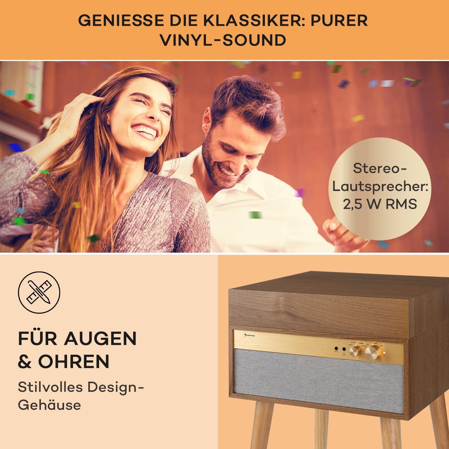Auna Retro-Schallplattenspieler mit Bluetooth Transmitter & Receiver Plattenspieler (Riemenantrieb 33,3 45 & 78 U/min Stereo)