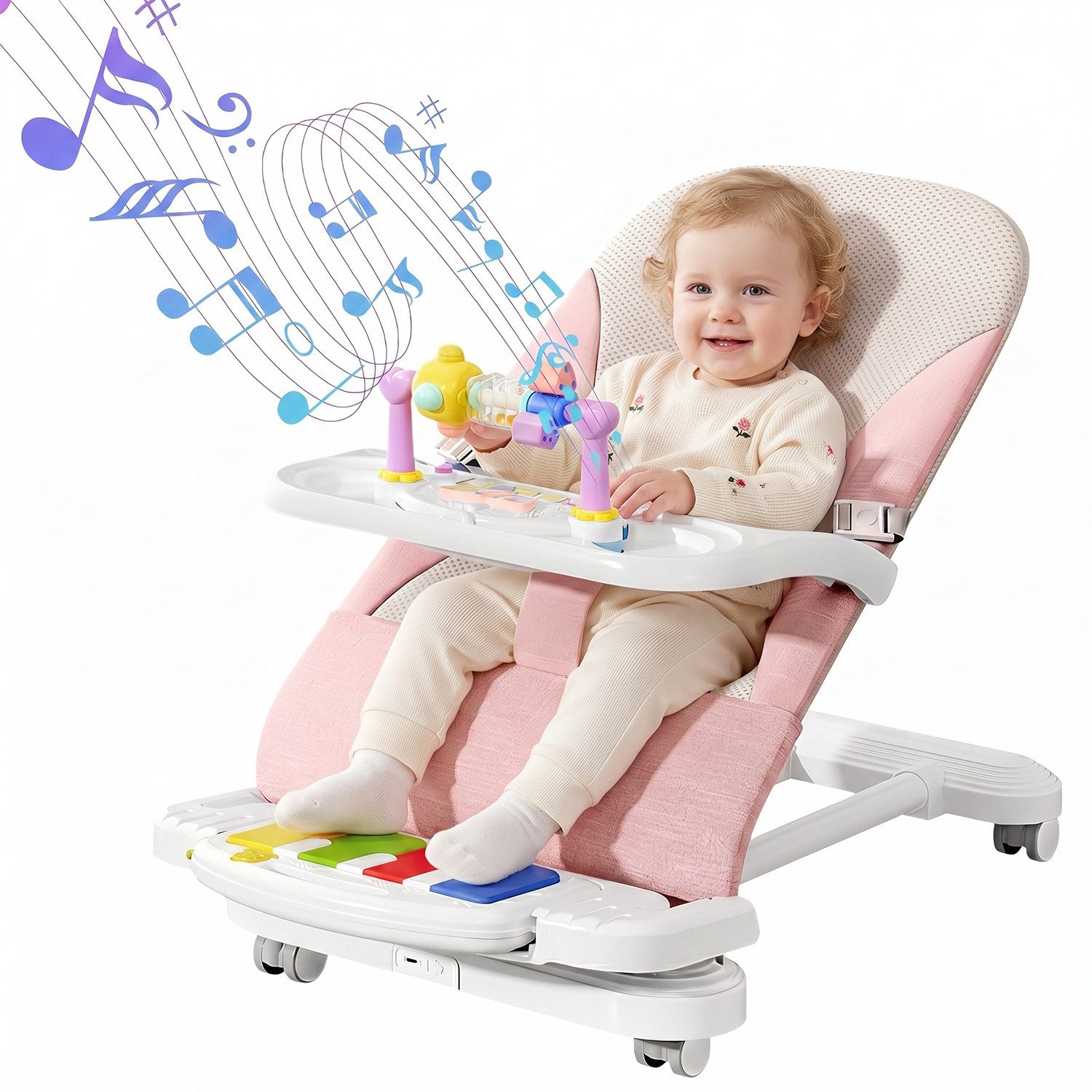 HEYHIPPO Kinderstuhl Babywippe 3-in-1 – mit Klavier, abnehmbarem Tablett, für 4–24 Monate (Packung), Baby-Schaukelwippe 41×81×61 cm, für Füttern & Spielen, max. – Bild 3 von 5