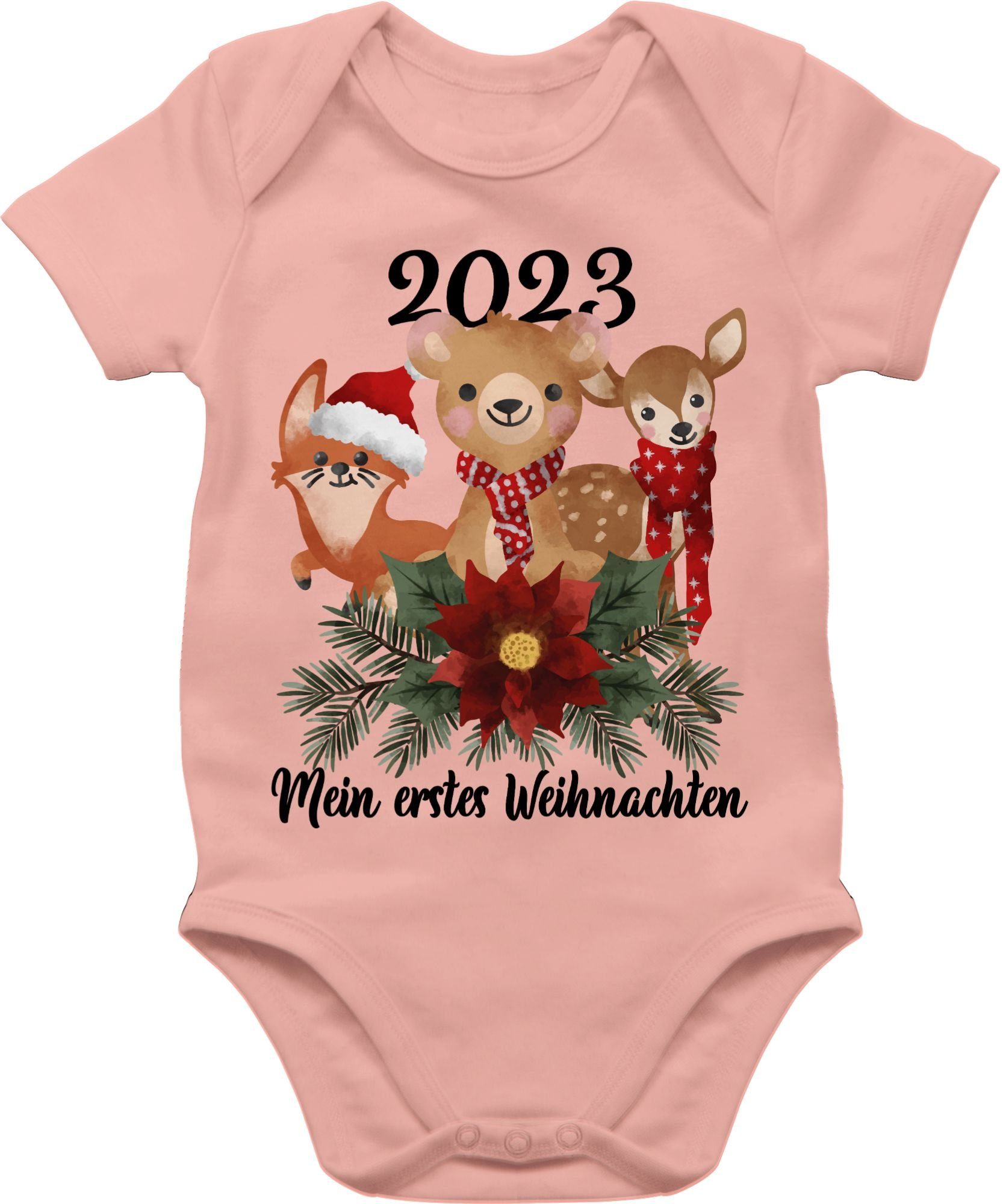 Shirtracer Shirtbody 2023 Mein erstes Weihnachten mit süßen Tieren - schwarz Weihnachten Kleidung Baby 3 Babyrosa