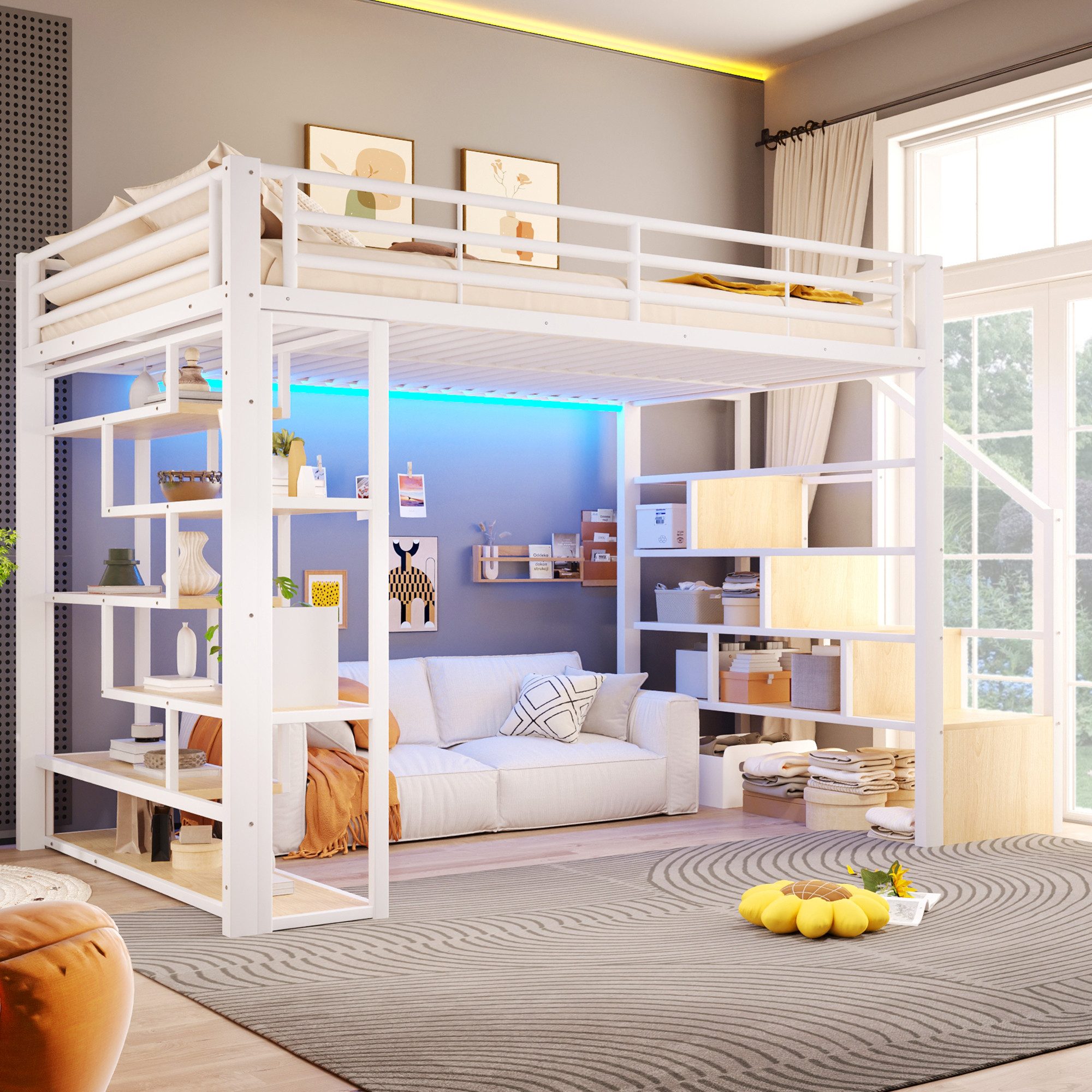 muvano Bett Hochbett 140x200 Metall Weiß mit Stauraum LED Treppe