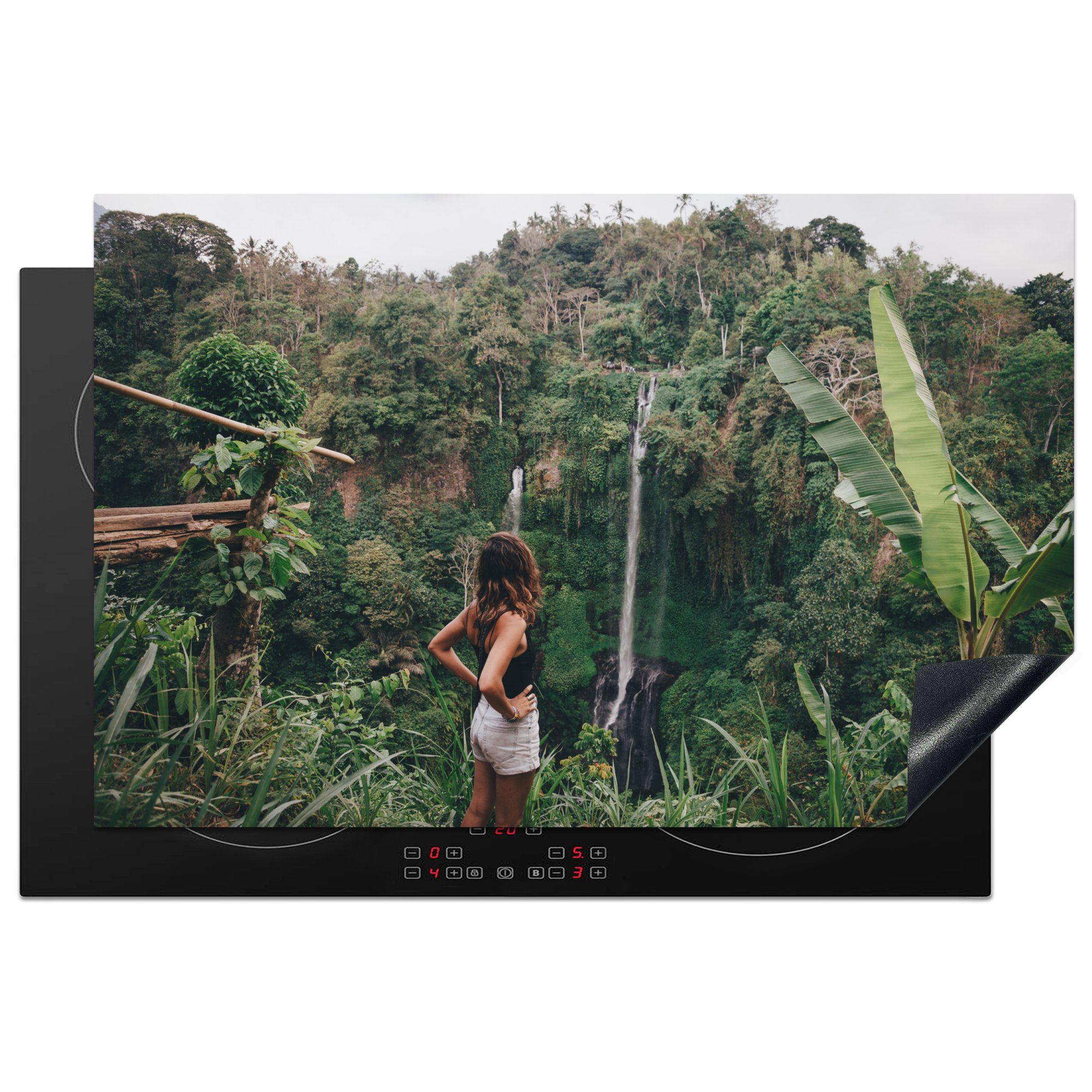 MuchoWow Herdblende-/Abdeckplatte Dschungel - Wasserfall - Frau, Vinyl, (1 tlg), 81x52 cm, Induktionskochfeld Schutz für die küche, Ceranfeldabdeckung