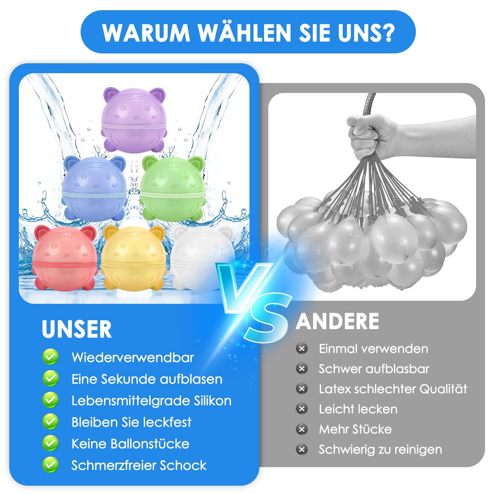BlingBin Wasserball Wiederverwendbar,Silikon Wasserbomben Selbstschließend magnetische (6er Set, 6-St., (L x B x H): 7,2 x 7,2 x 7,2 cm), für Kinder & Erwachsene, Wasserspielzeuge für Sommer Schlachtspaß
