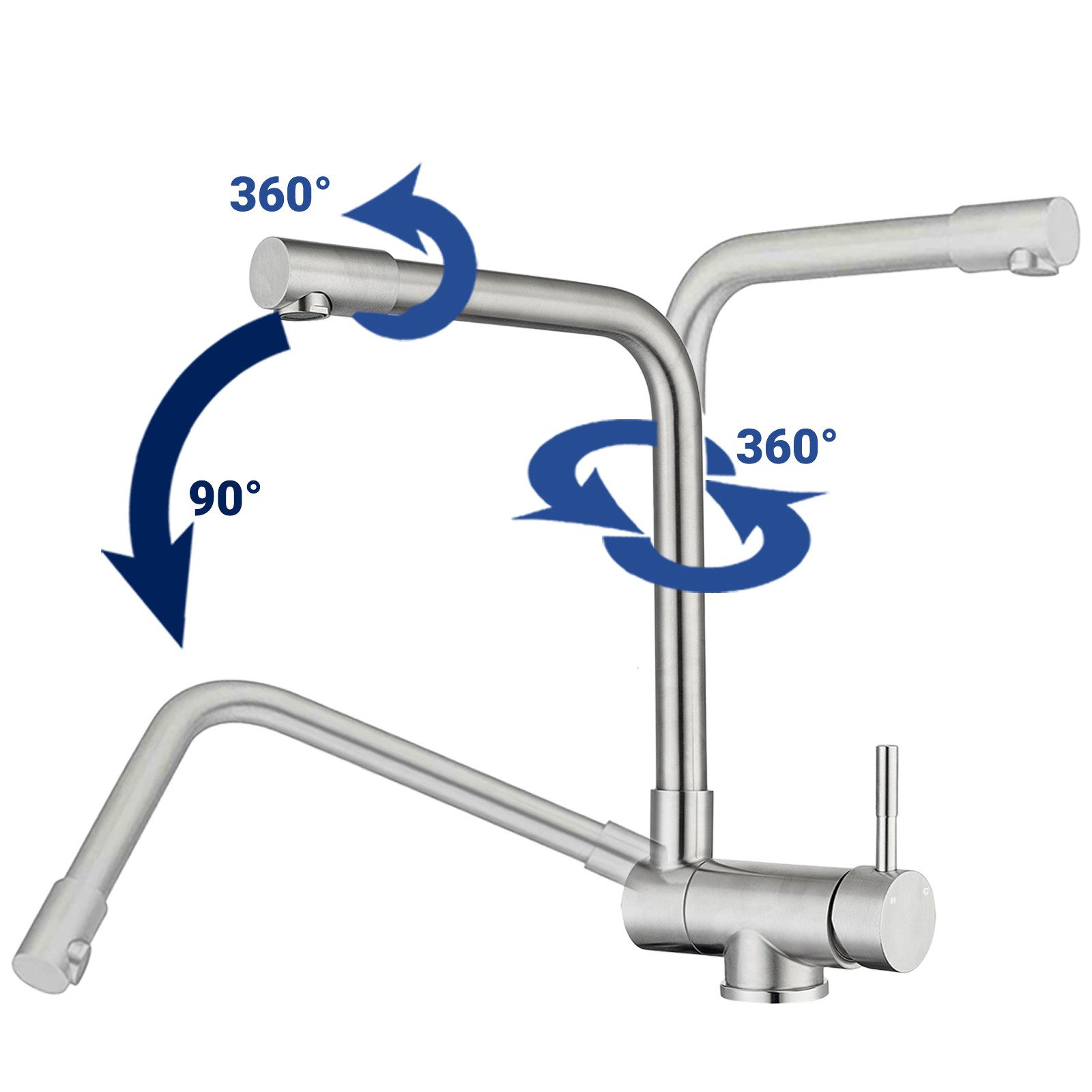AICA Küchenarmatur Wasserhahn Küche Klappbar, 360° Schwenkbarer Hochdruck-Auslauf Robust & Platzsparend, Armatur aus 304 Edelstahl für die Fensterbank